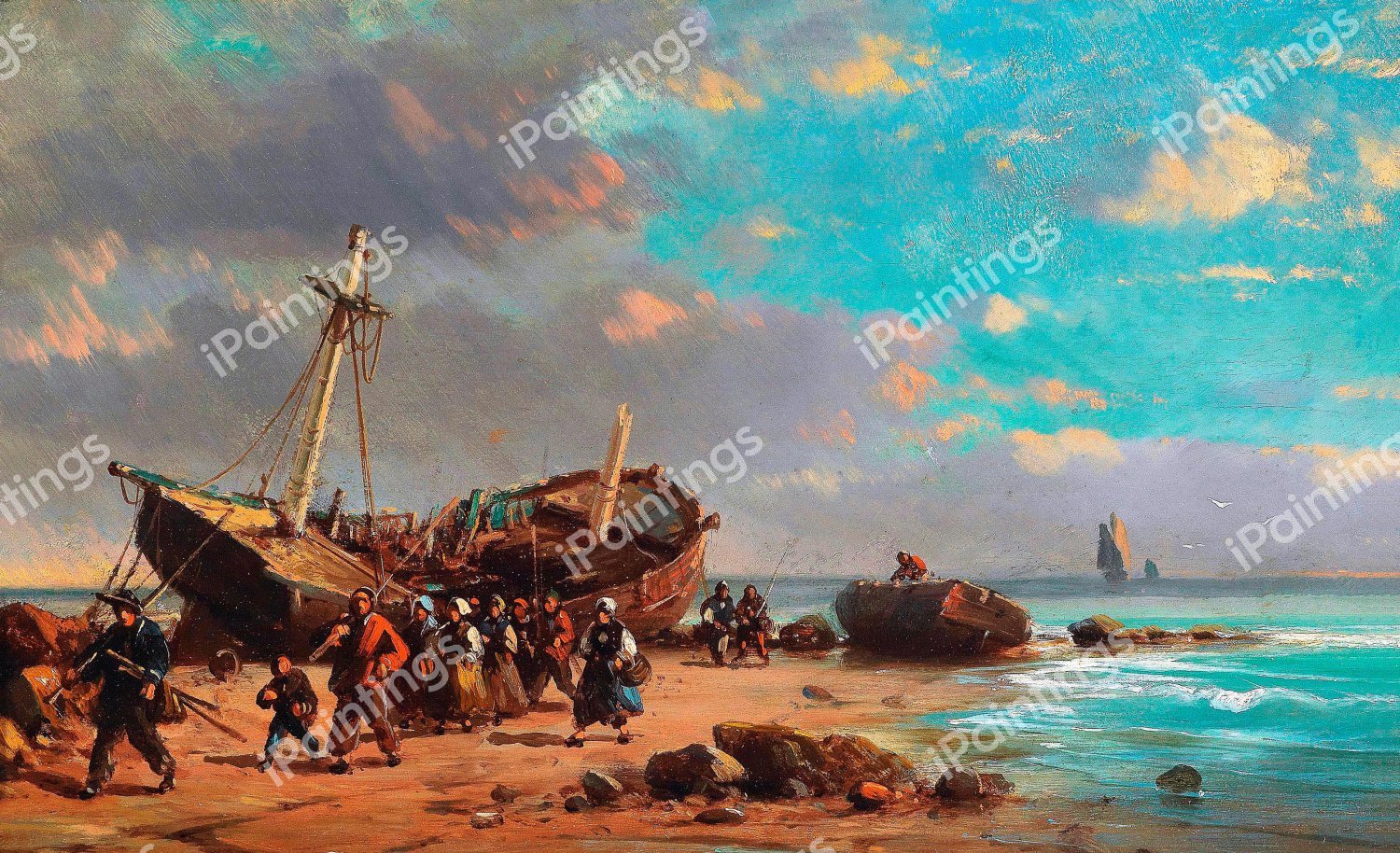 Fishermen on the Beach. The painting by Charles Euphrasie Kuwasseg