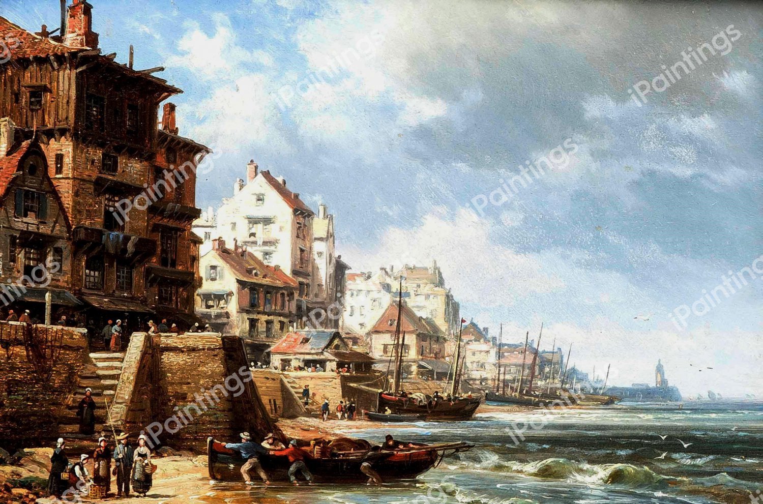 Fishermen on the Beach. The painting by Charles Euphrasie Kuwasseg