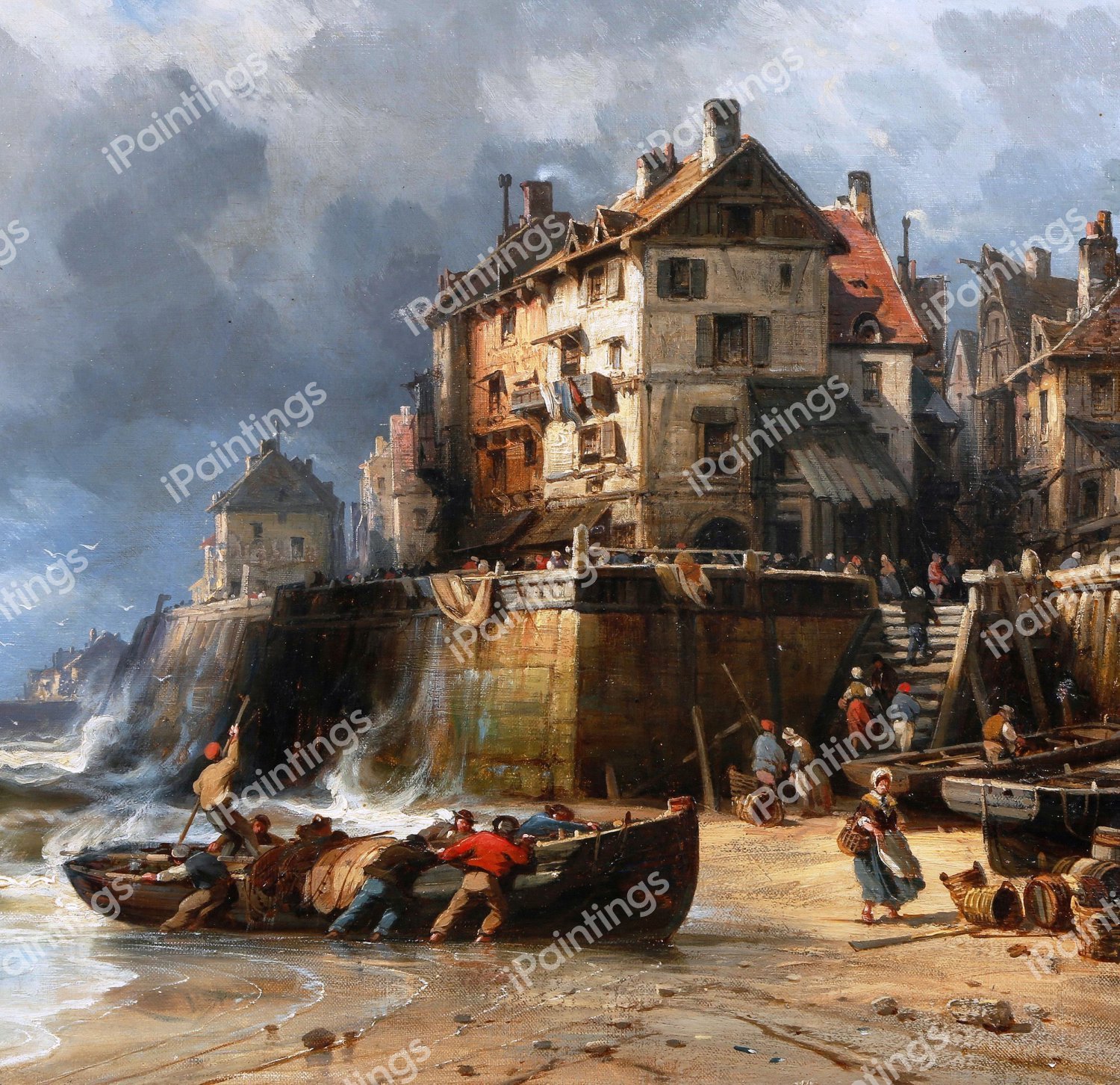 The Return of the Fishermen. The painting by Charles Euphrasie Kuwasseg