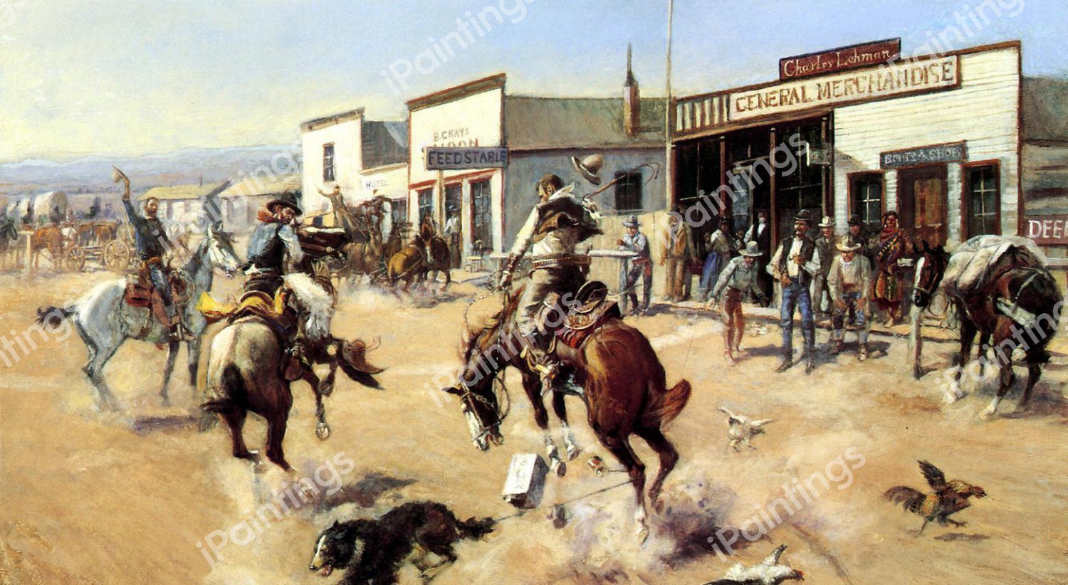 A Quiet Day in Utica, also known as Tinning a Dog. The painting by Charles Marion Russell