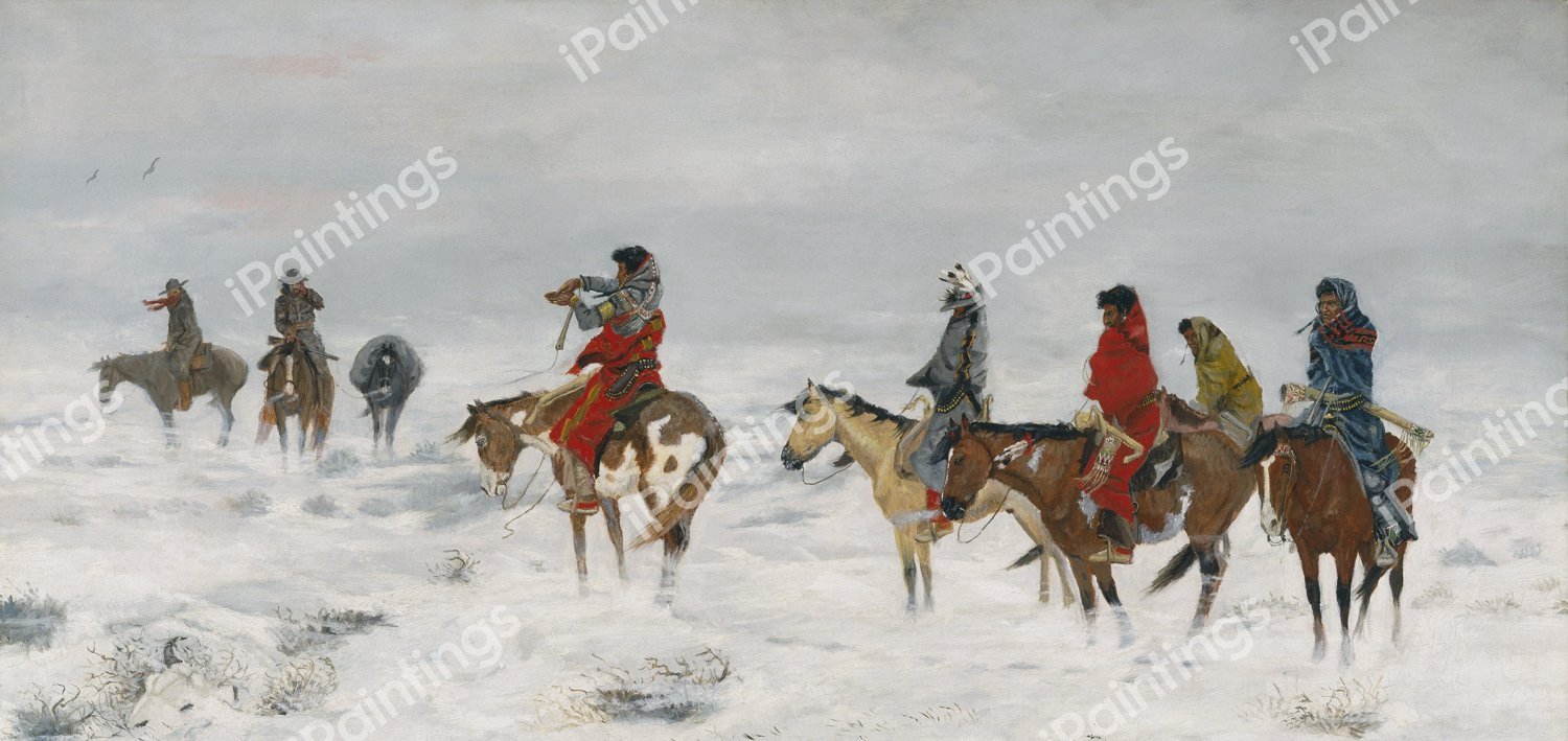 Lost in a Snowstorm – We Are Friends. The painting by Charles Marion Russell