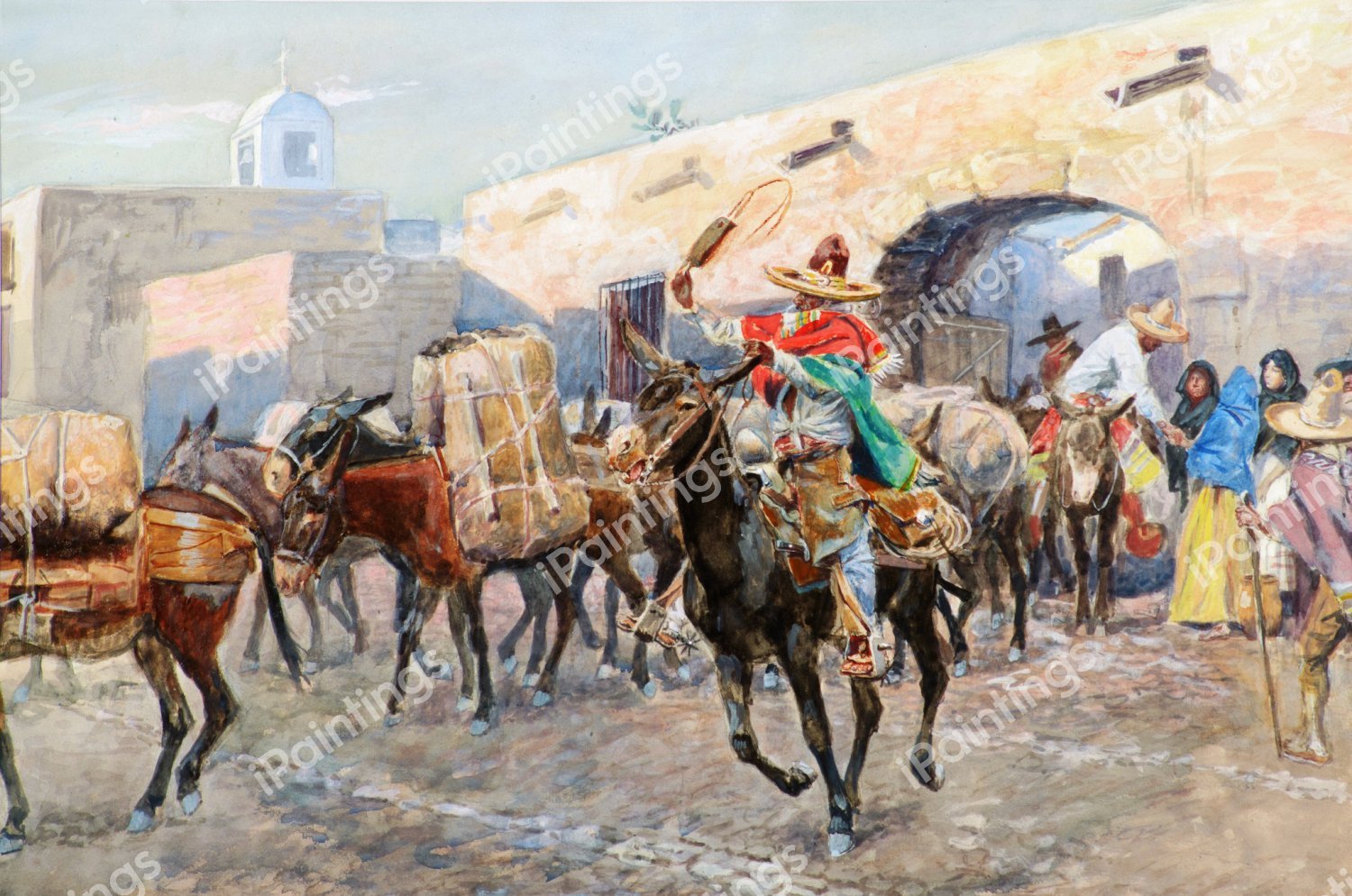 Mexicans Leaving an Inn. The painting by Charles Marion Russell
