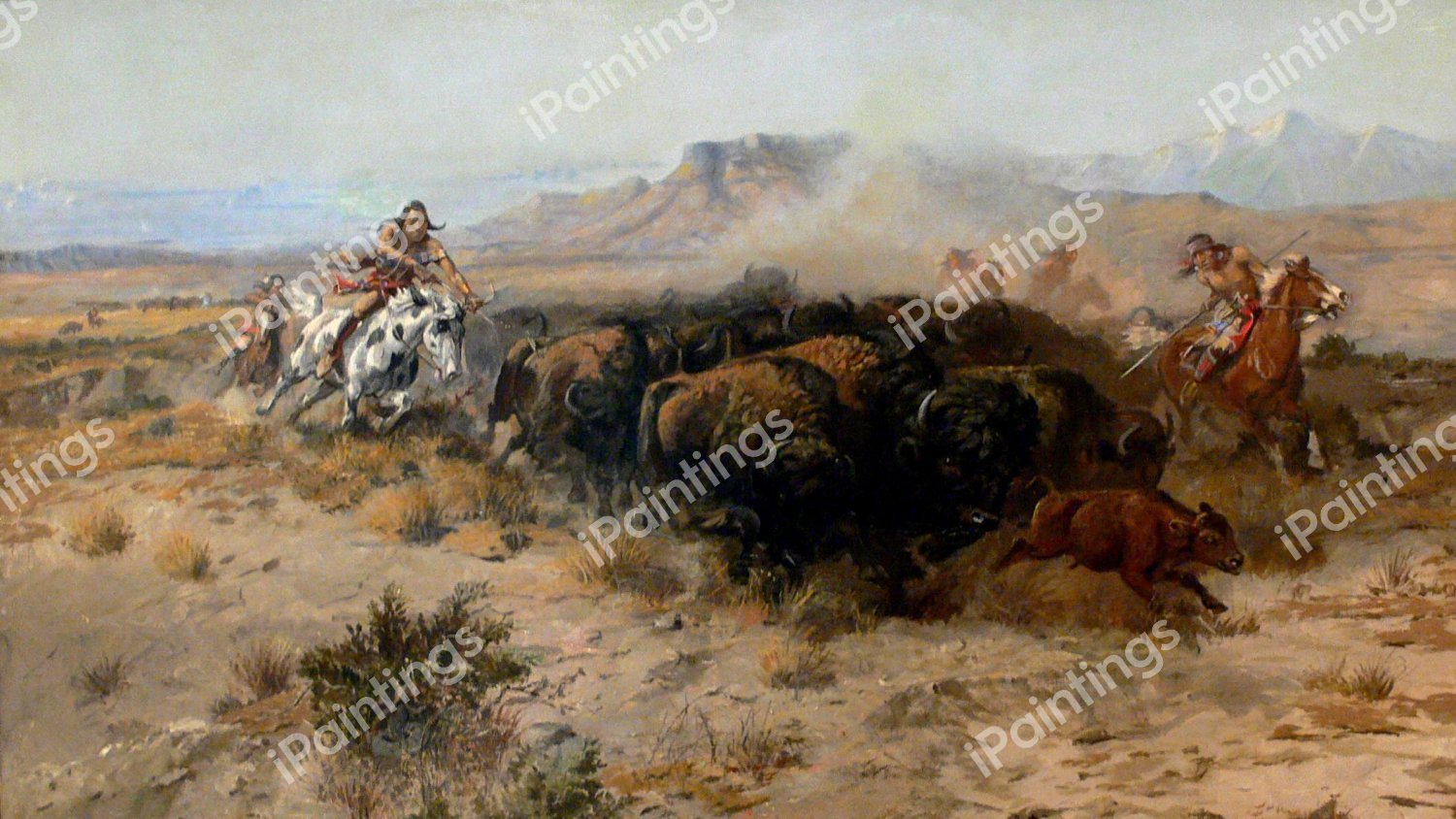 The Buffalo Hunt (No. 26). The painting by Charles Marion Russell