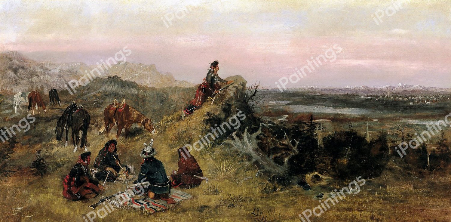 The Piegans Preparing to Steal Horses from the Crows. The painting by Charles Marion Russell