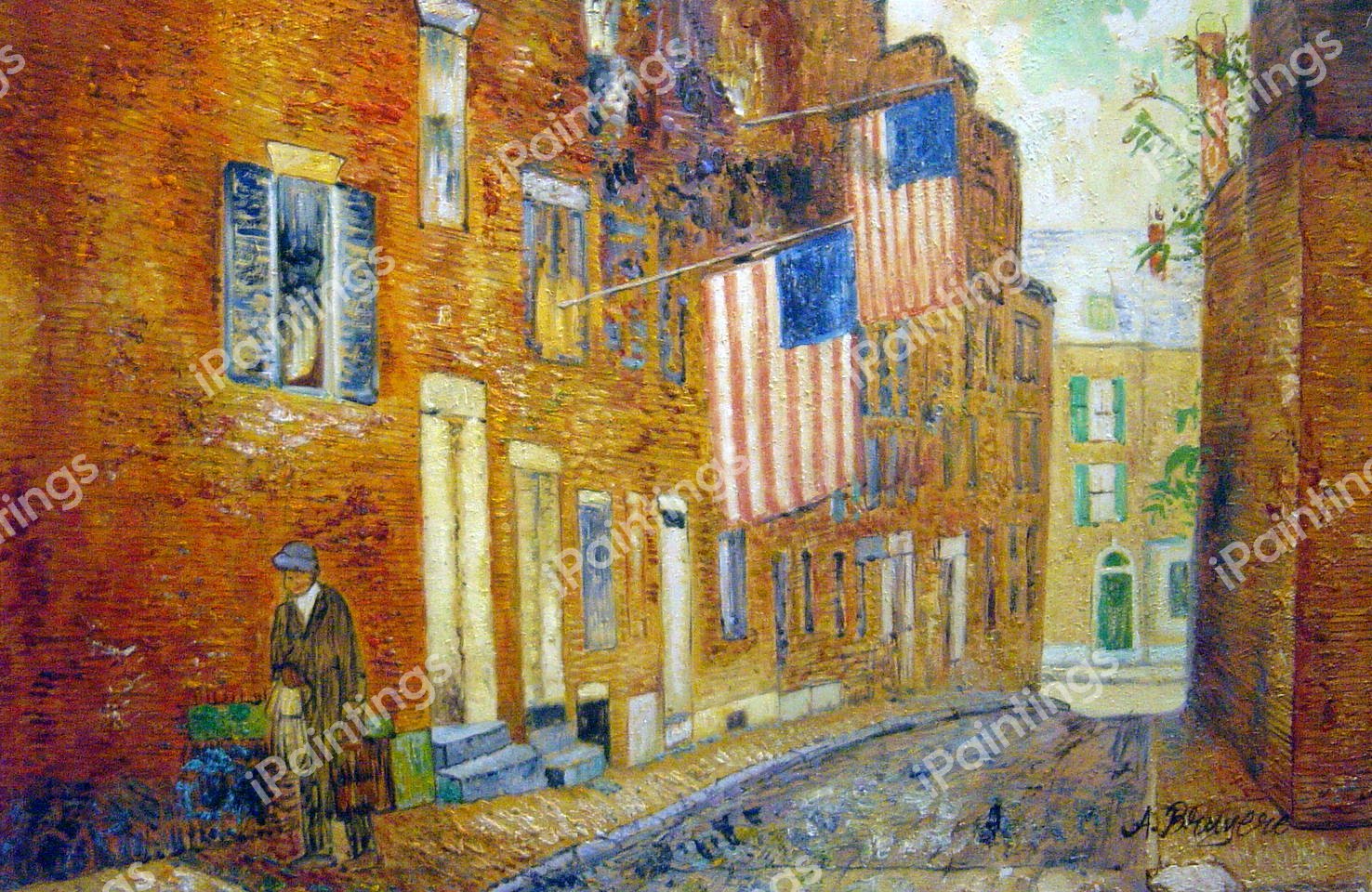 Acorn Street, Boston. The painting by Childe Hassam