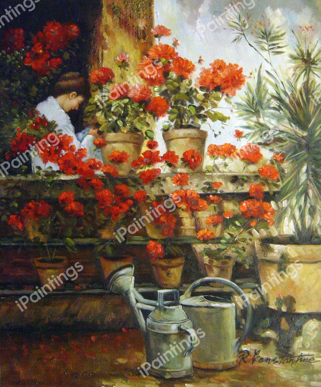 Geraniums. The painting by Childe Hassam