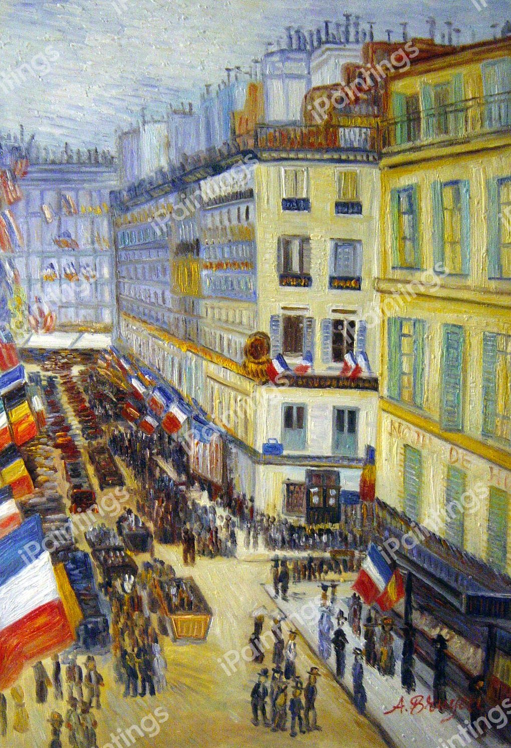 July Fourteenth, Rue Daunou. The painting by Childe Hassam