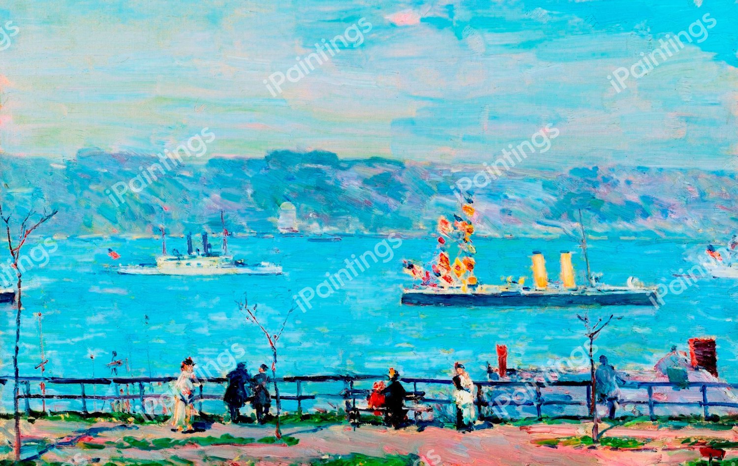 Men O'War: The Blake and the Boston. The painting by Childe Hassam