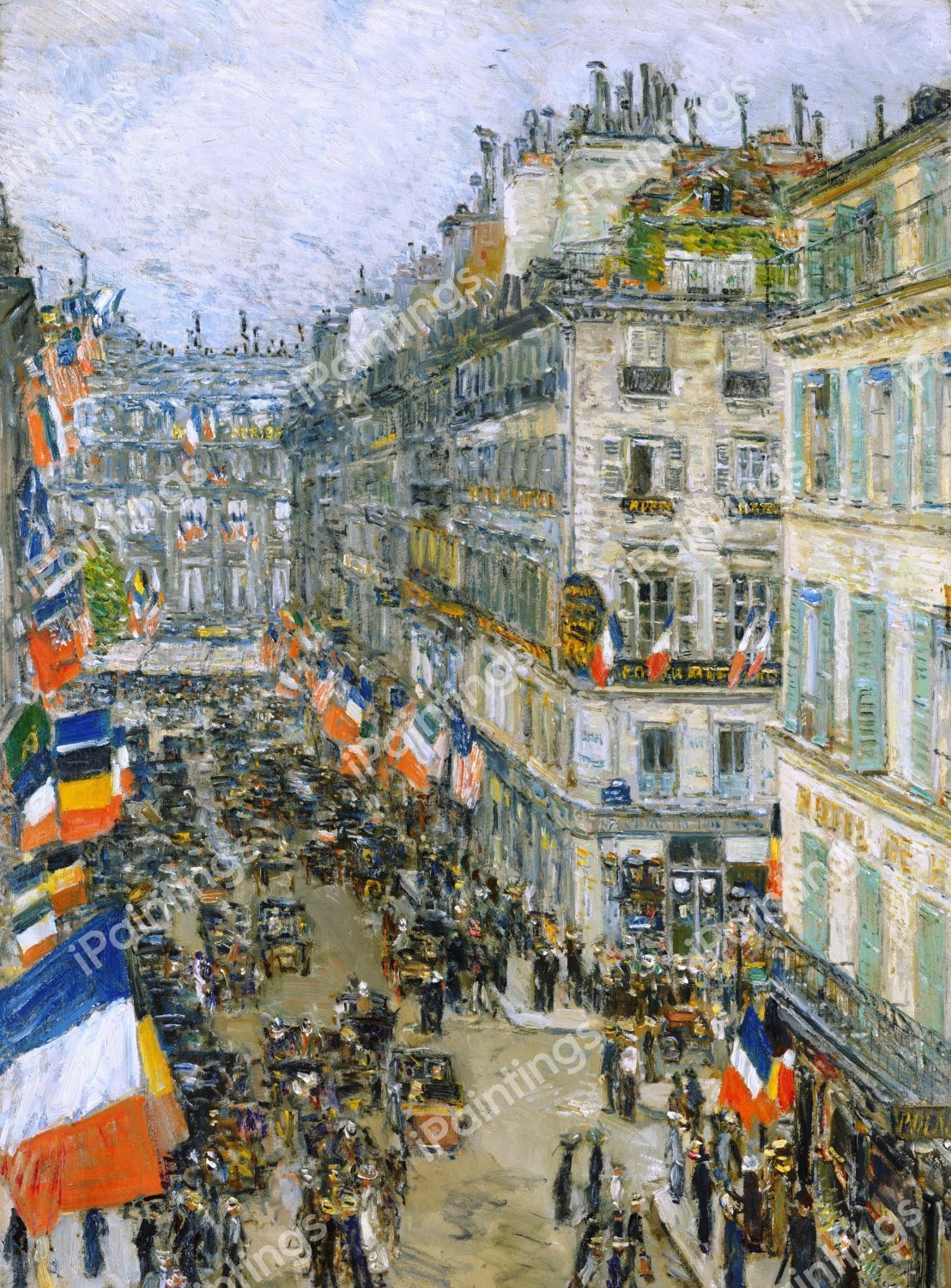 On July Fourteenth, Rue Daunou, 1910. The painting by Childe Hassam