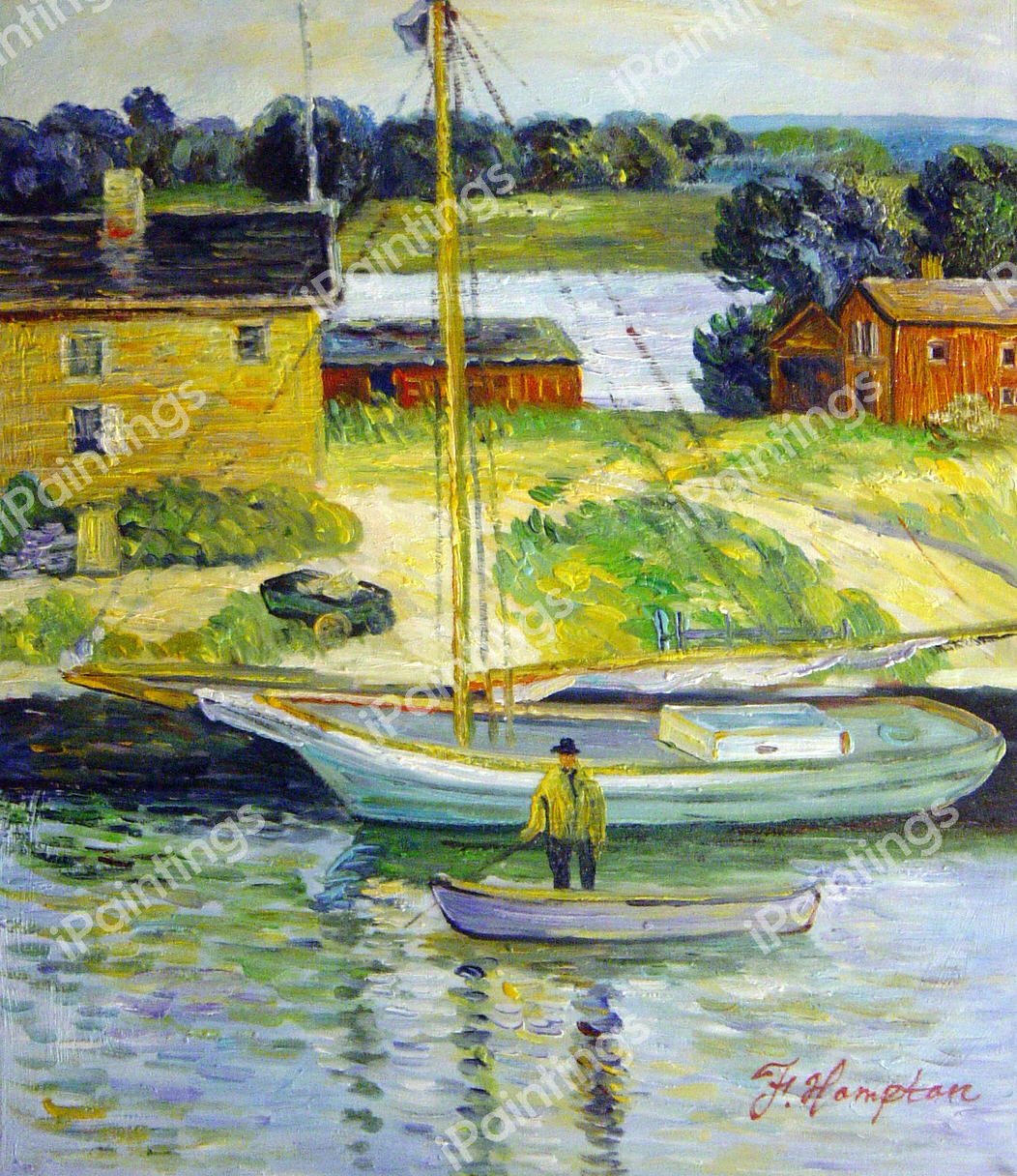Oyster Sloop, Cos Cob. The painting by Childe Hassam