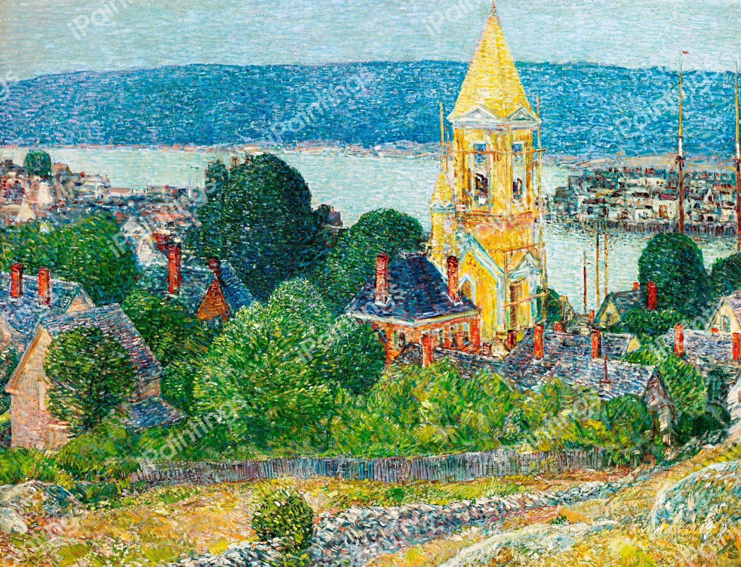 Shingling the First Baptist Church, Gloucester. The painting by Childe Hassam