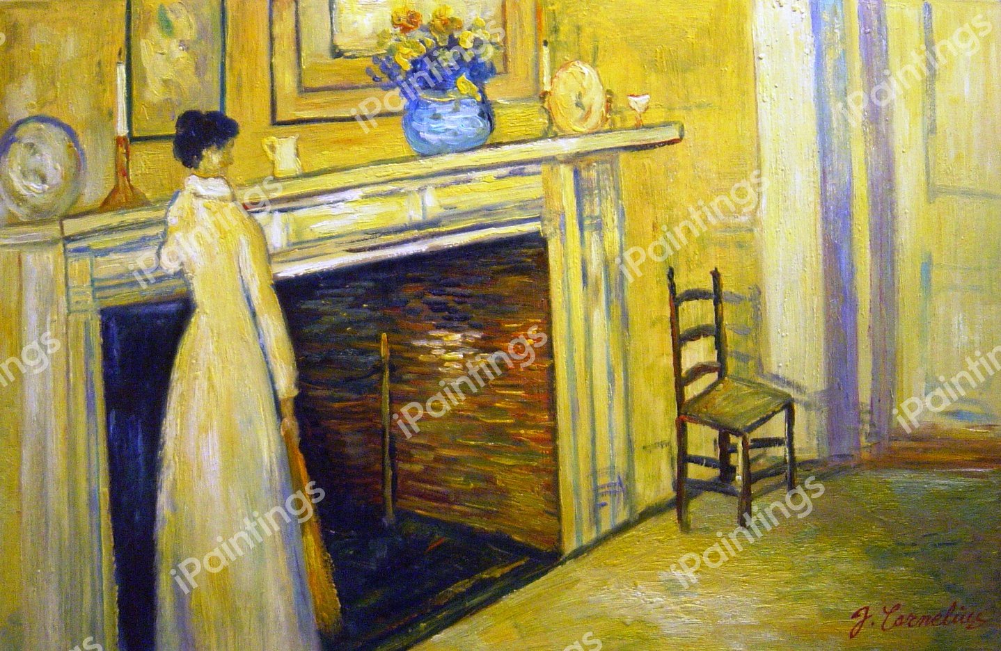 The Fireplace. The painting by Childe Hassam