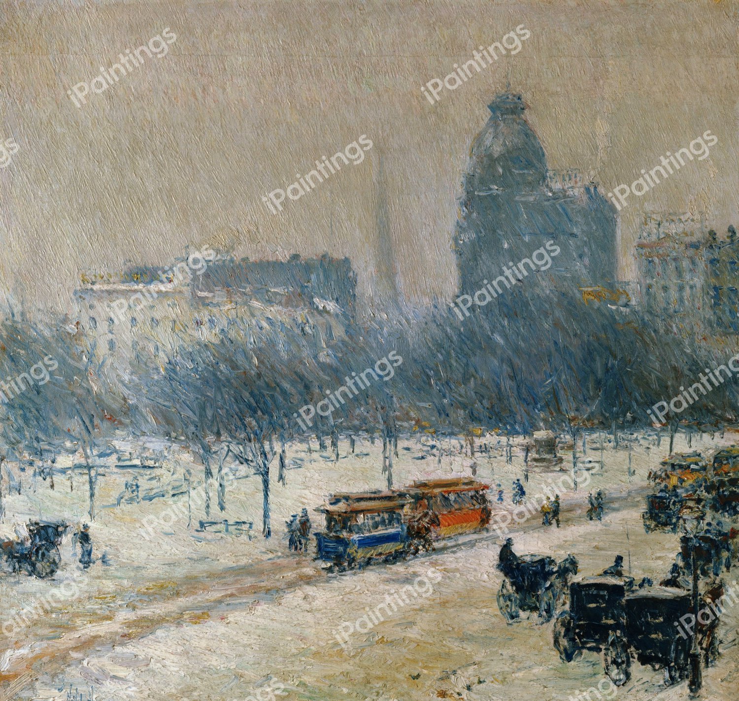 Winter in Union Square. The painting by Childe Hassam