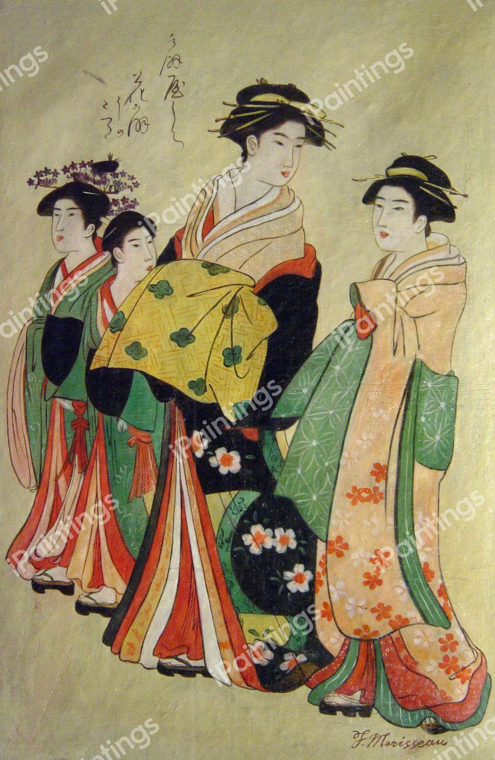 Hanogi, Yoshino And Tatsuta From The Ogiya Establishment. The painting by Chobunsai Eishi