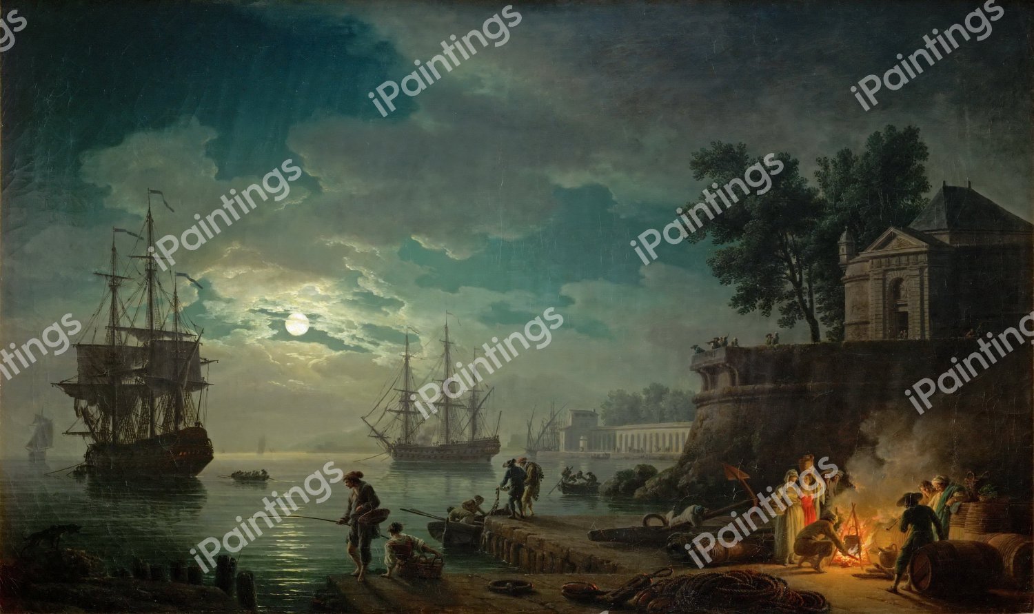 At the Seaport by Moonlight. The painting by Claude-Joseph Vernet