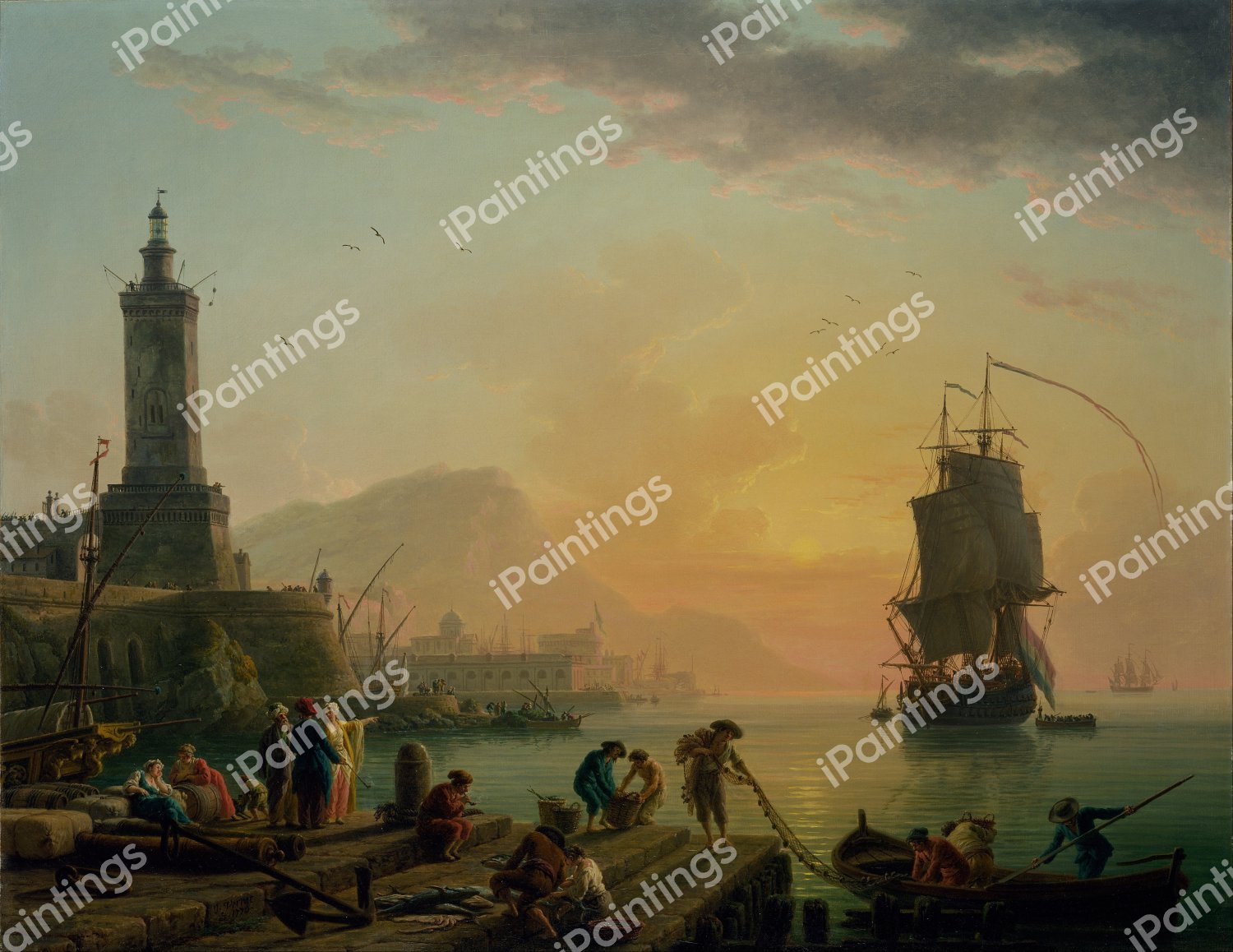 Calm at a Mediterranean Port. The painting by Claude-Joseph Vernet
