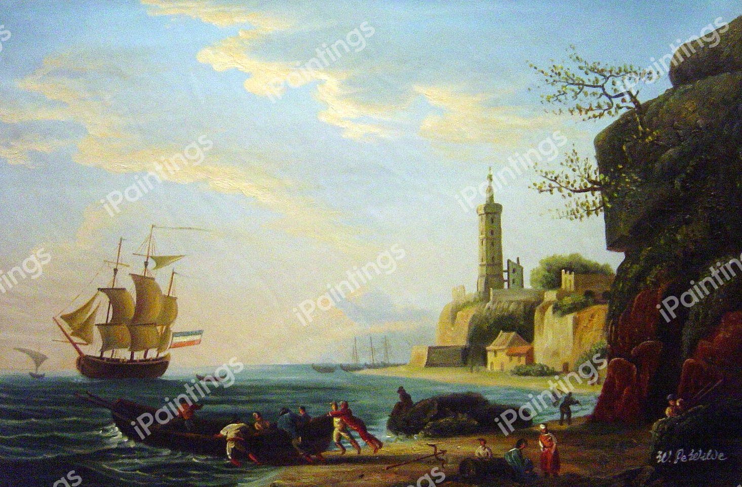 Coastal Mediterranean Landscape With A Dutch Merchantman. The painting by Claude-Joseph Vernet