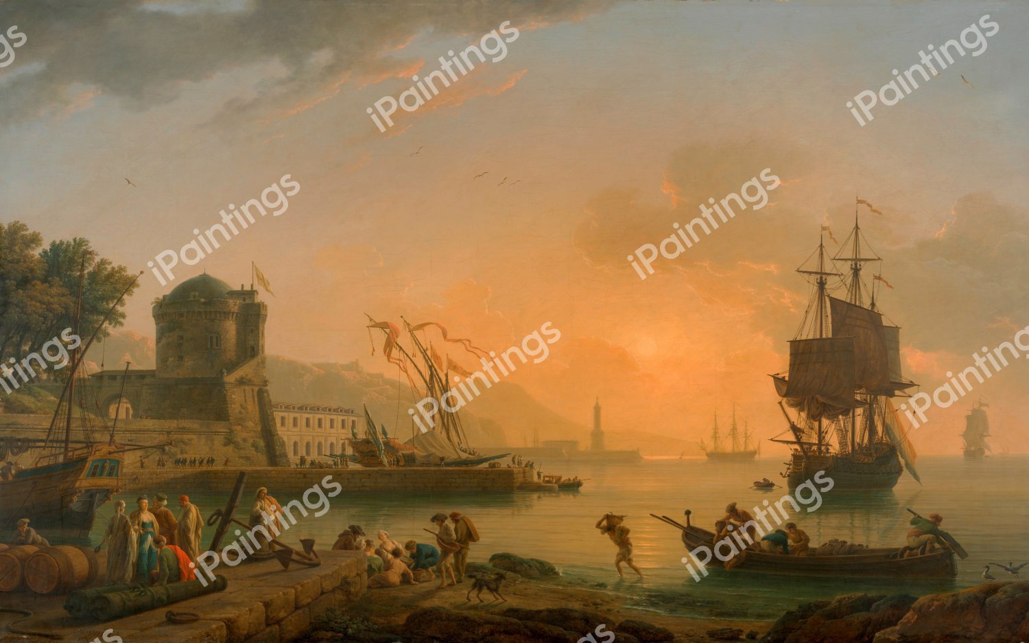 Grand View of the Sea Shore Enriched With Buildings, Shipping and Figures. The painting by Claude-Joseph Vernet