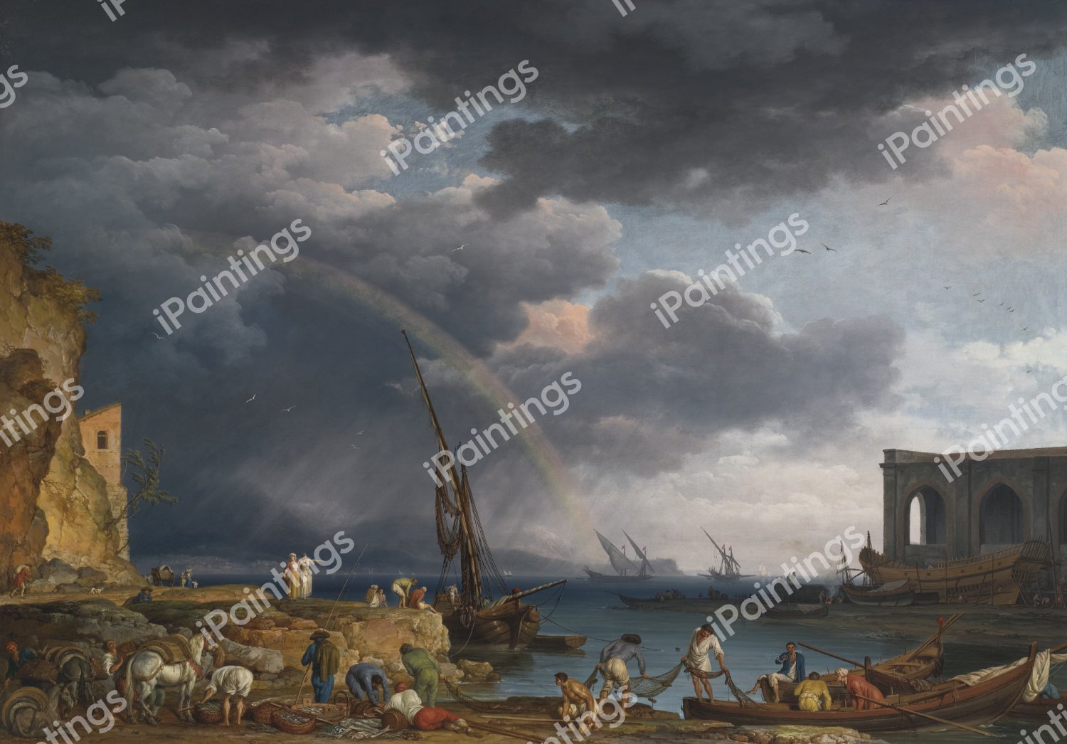L'arc en Ciel: An Italianate Coastal View with a Rainbow, Fisherman, and Peasants at an Inlet in the Foreground. The painting by Claude-Joseph Vernet