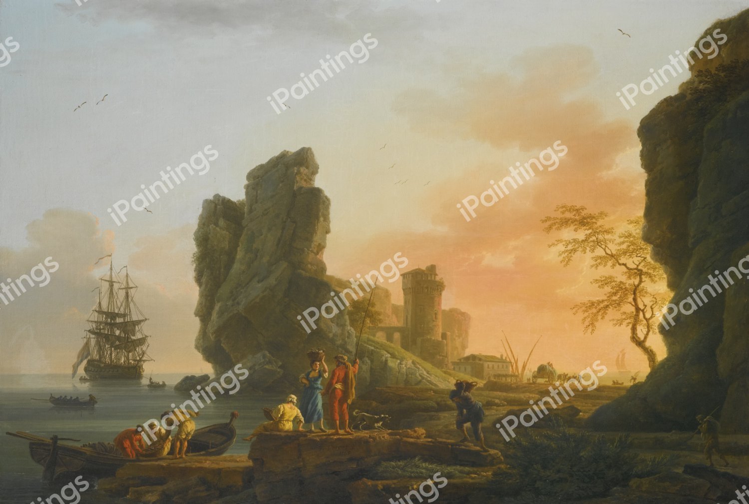 Mediterranean Coastal Scene at Sunset with Figures Fishing in the Foreground. The painting by Claude-Joseph Vernet