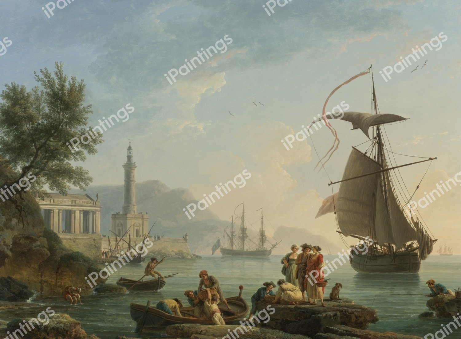 Mediterranean Harbor at Sunset with Fisherfolk at the Water's Edge, a Lighthouse and a Man of War at Anchor in the Bay. The painting by Claude-Joseph Vernet