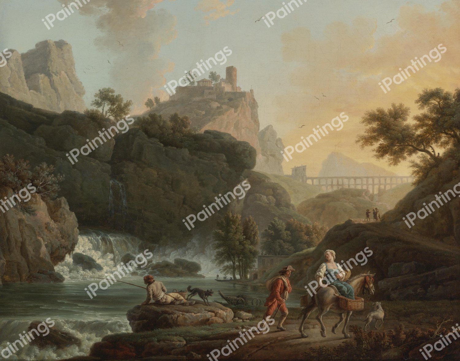 Rocky Landscape with a Fisherman and Travellers by a River with a Waterfall, an Aqueduct in the Distance. The painting by Claude-Joseph Vernet