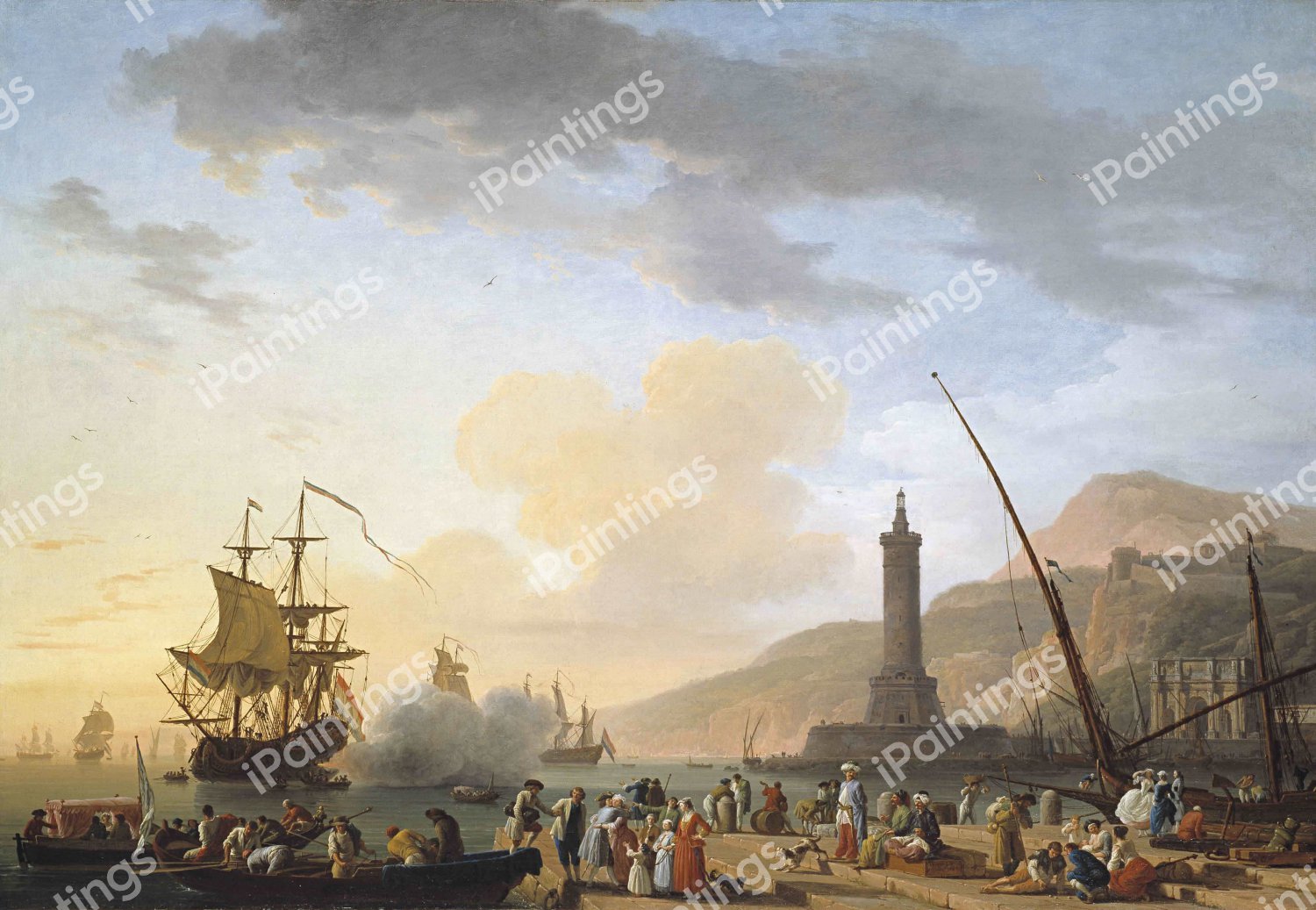 Seaport At Sunset. The painting by Claude-Joseph Vernet