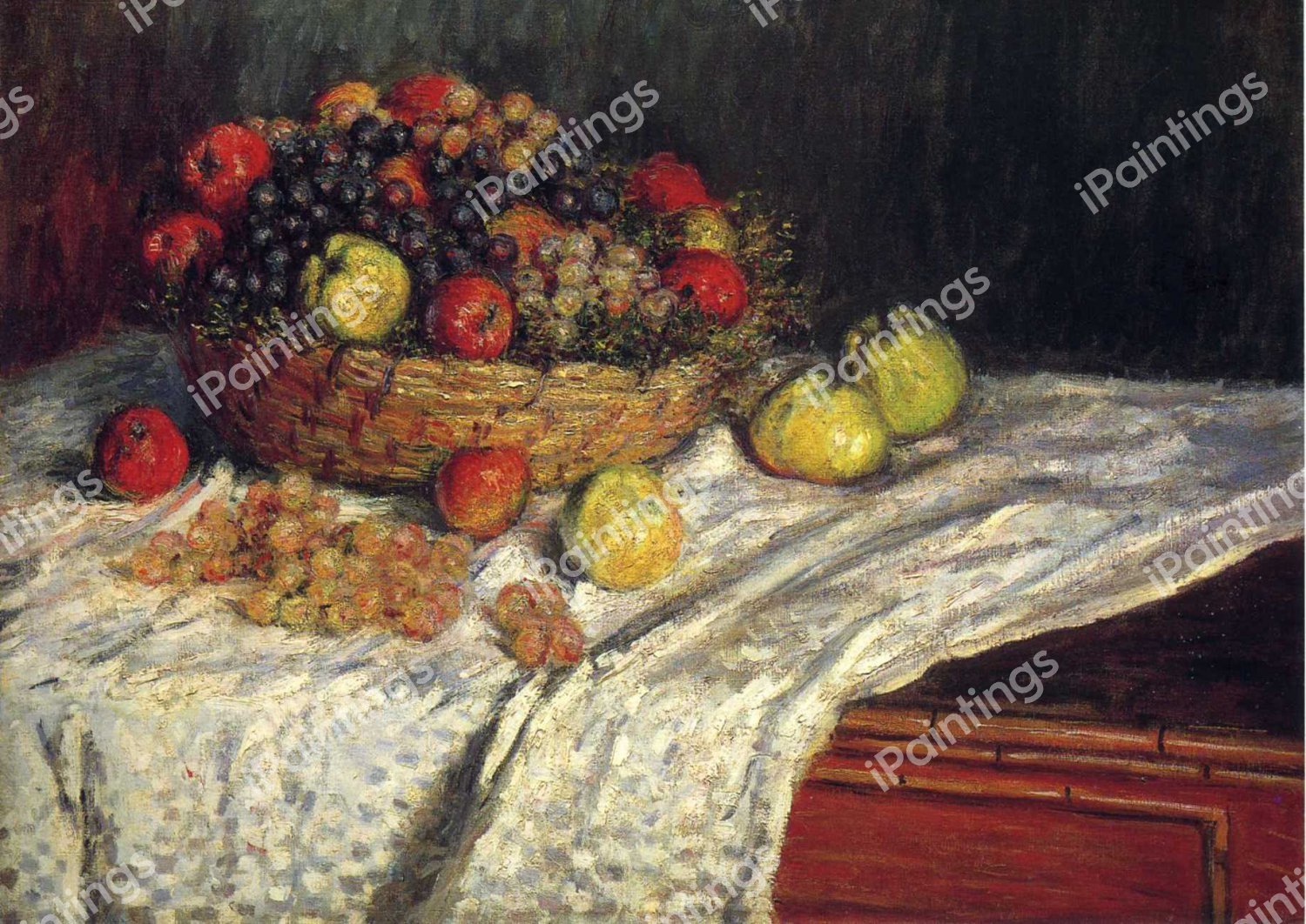 A Fruit Basket with Apples and Grapes. The painting by Claude Monet