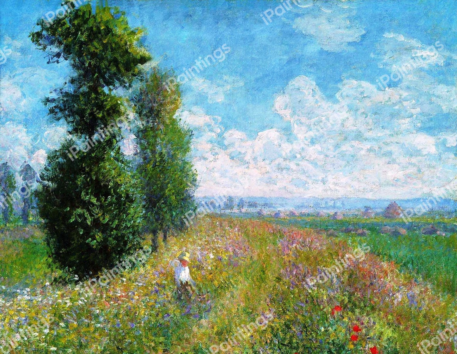 A Meadow with Poplars. The painting by Claude Monet