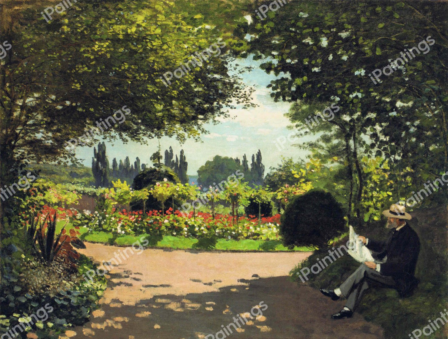 Adolphe Monet Reading in the Garden of Le Coteau at Sainte-Adresse. The painting by Claude Monet