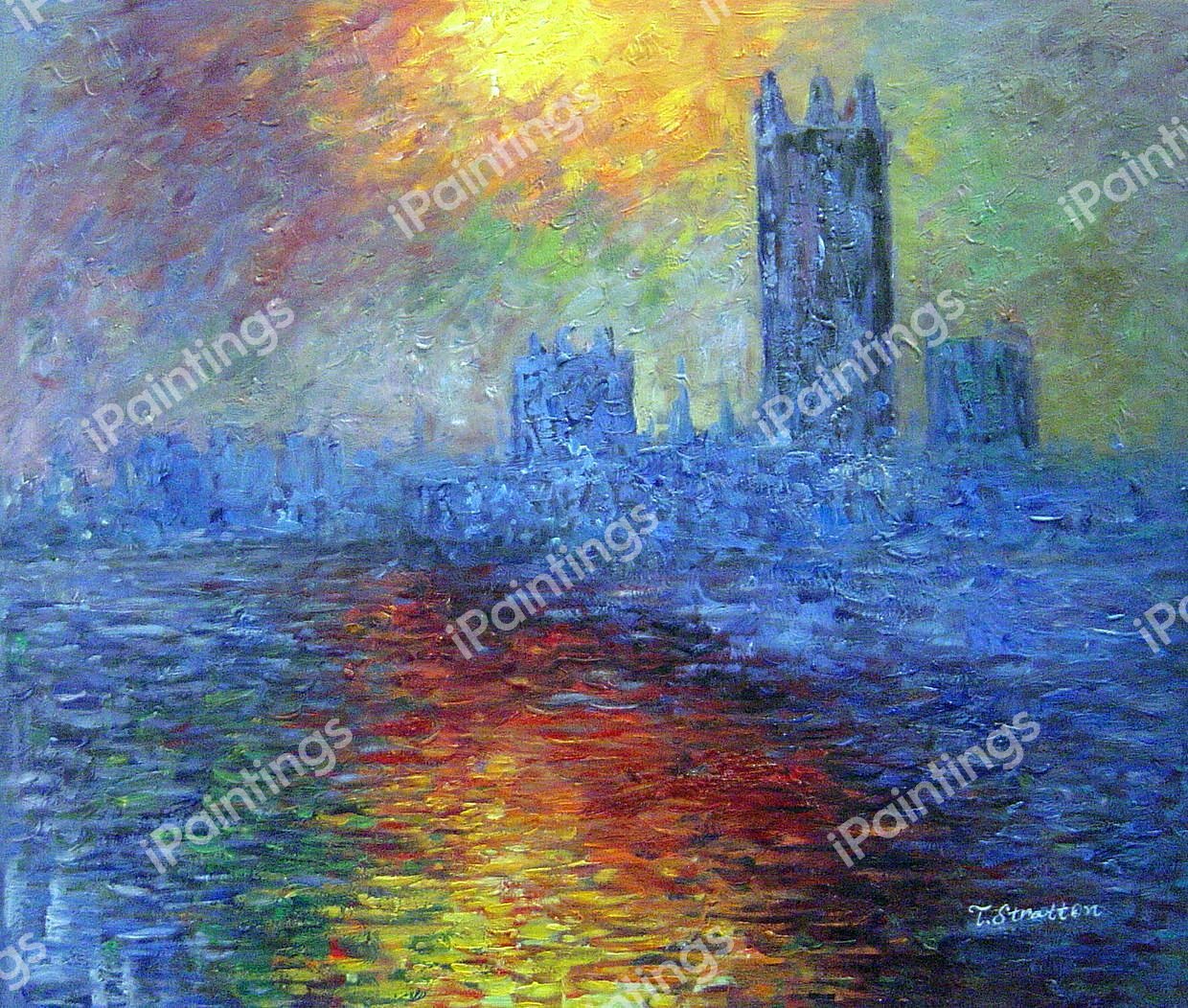At The Houses of Parliament, Sun Breaking Through The Fog. The painting by Claude Monet