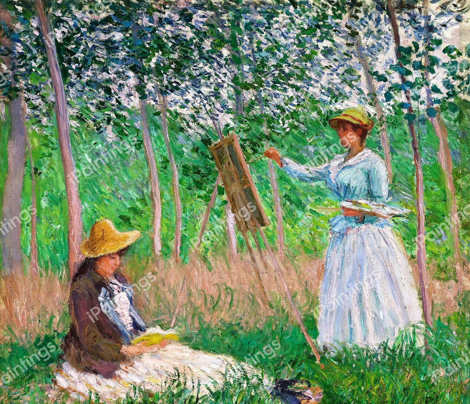 Blanche Hoschede at Her Easel with Suzanne Hoschede Reading. The painting by Claude Monet