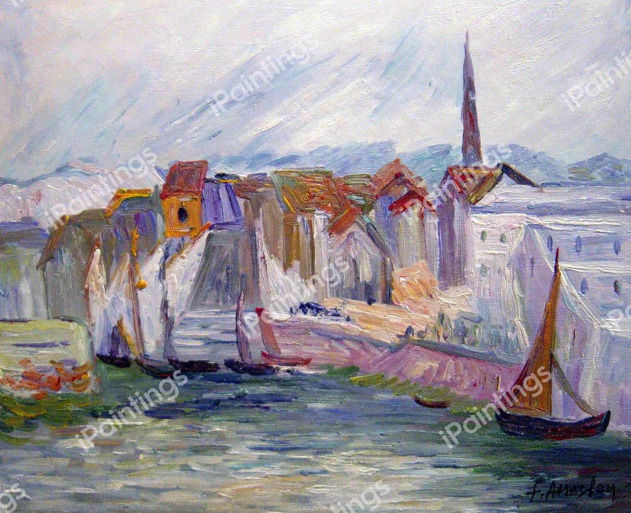 Boats In The Port Of Honfleur. The painting by Claude Monet