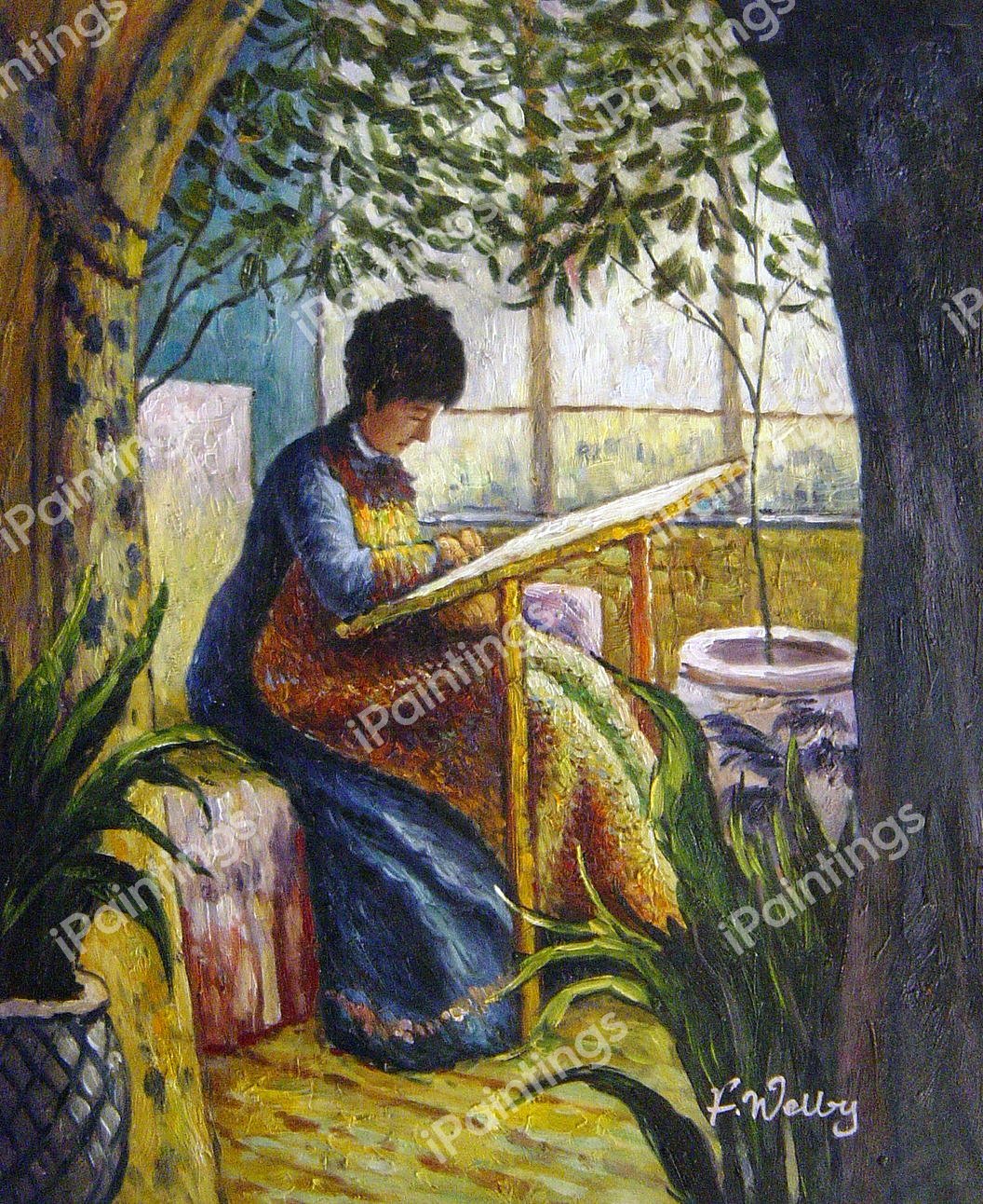 Camille Monet Embroidering. The painting by Claude Monet