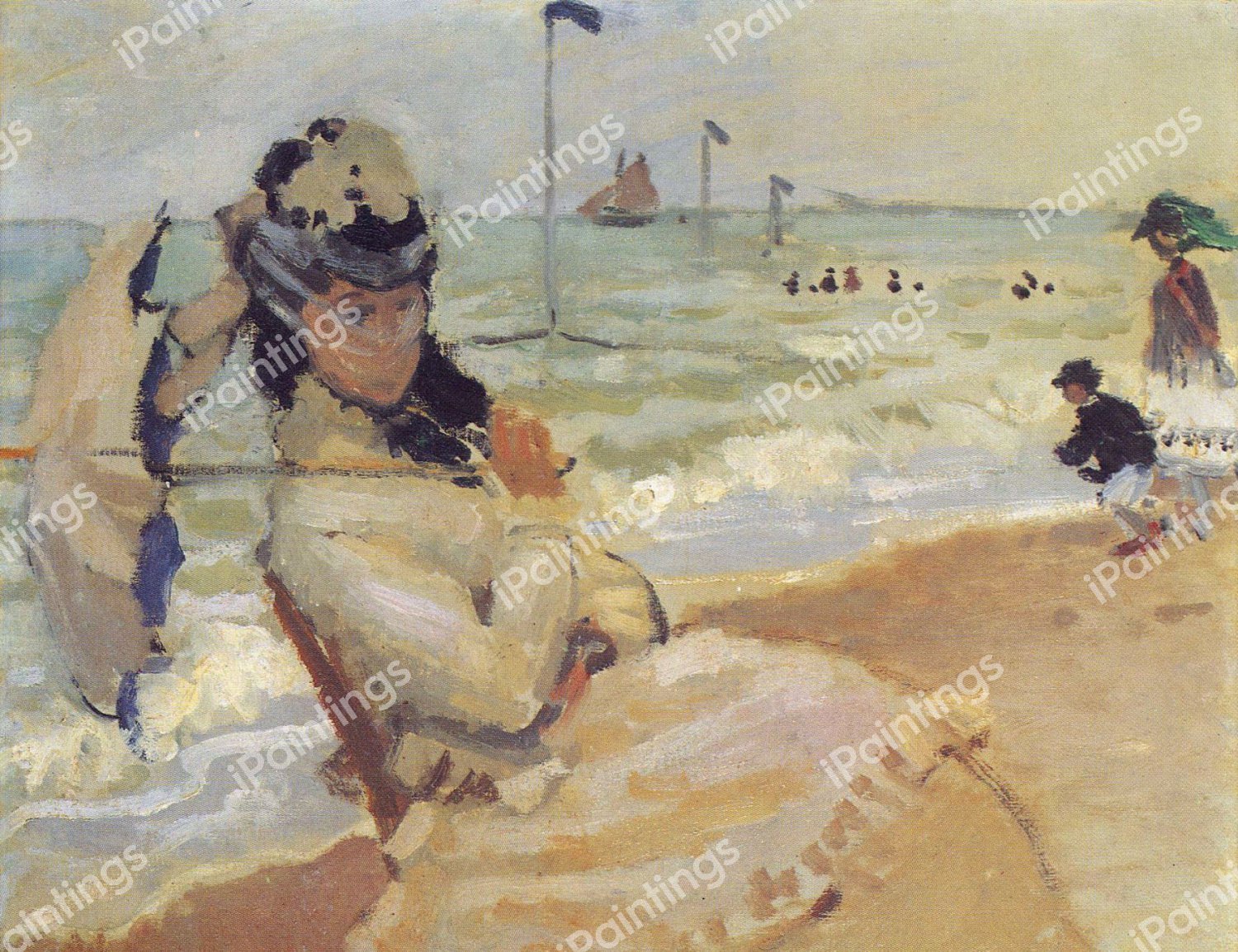 Camille on the Beach at Trouville. The painting by Claude Monet