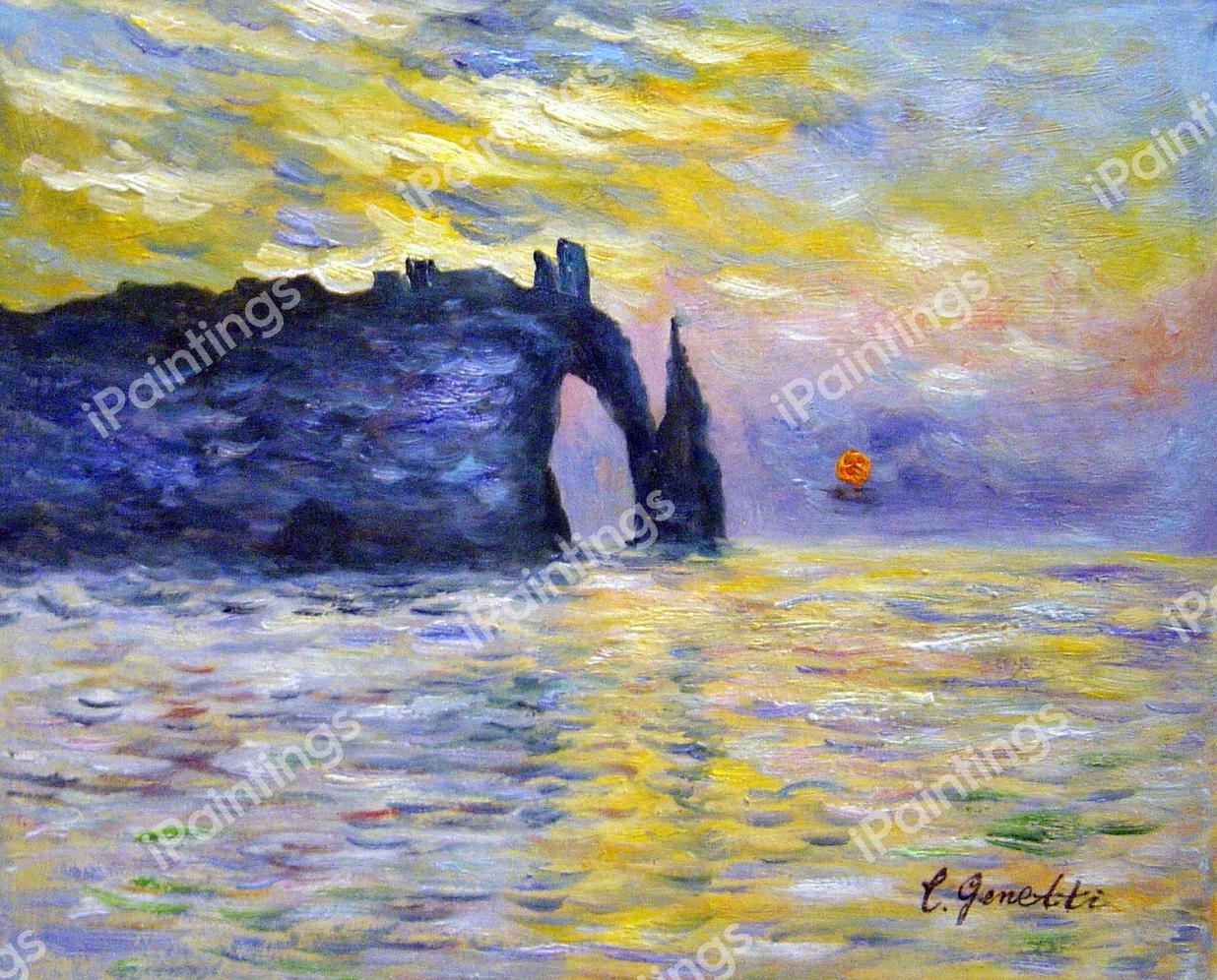 Etretat, Sunset. The painting by Claude Monet
