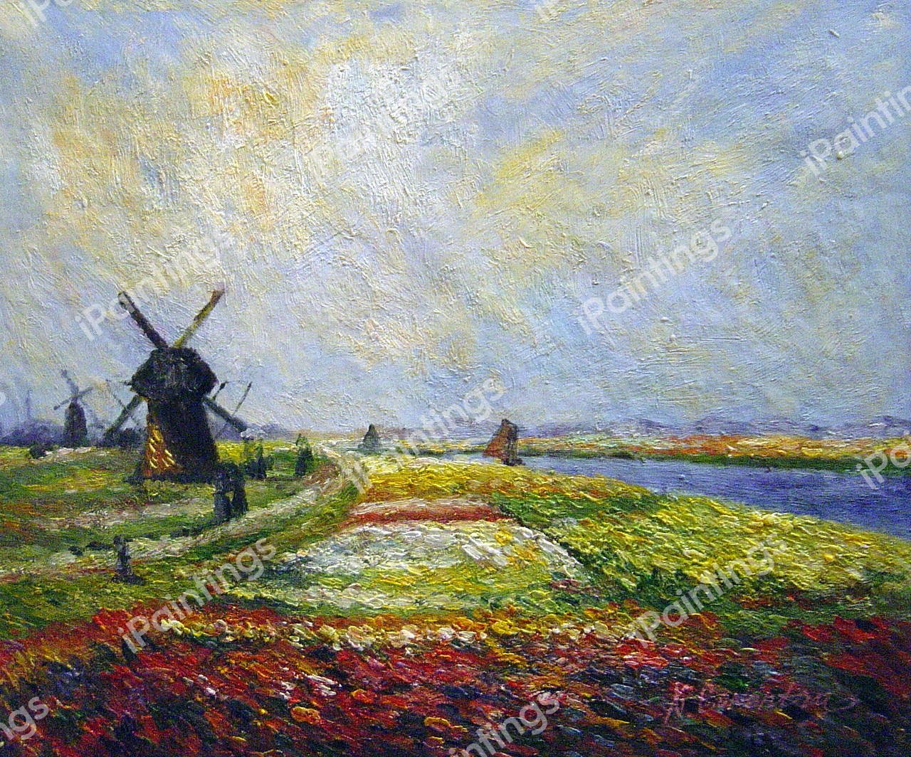 Fields Of Flowers And Windmills Near Leiden. The painting by Claude Monet