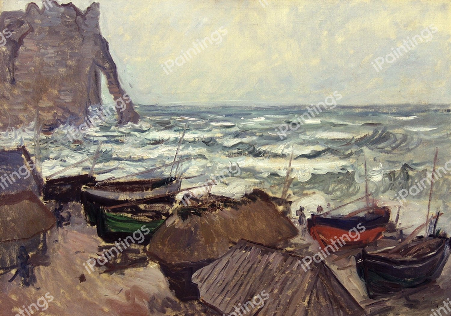 Fishing Boats on the Beach at Etretat. The painting by Claude Monet
