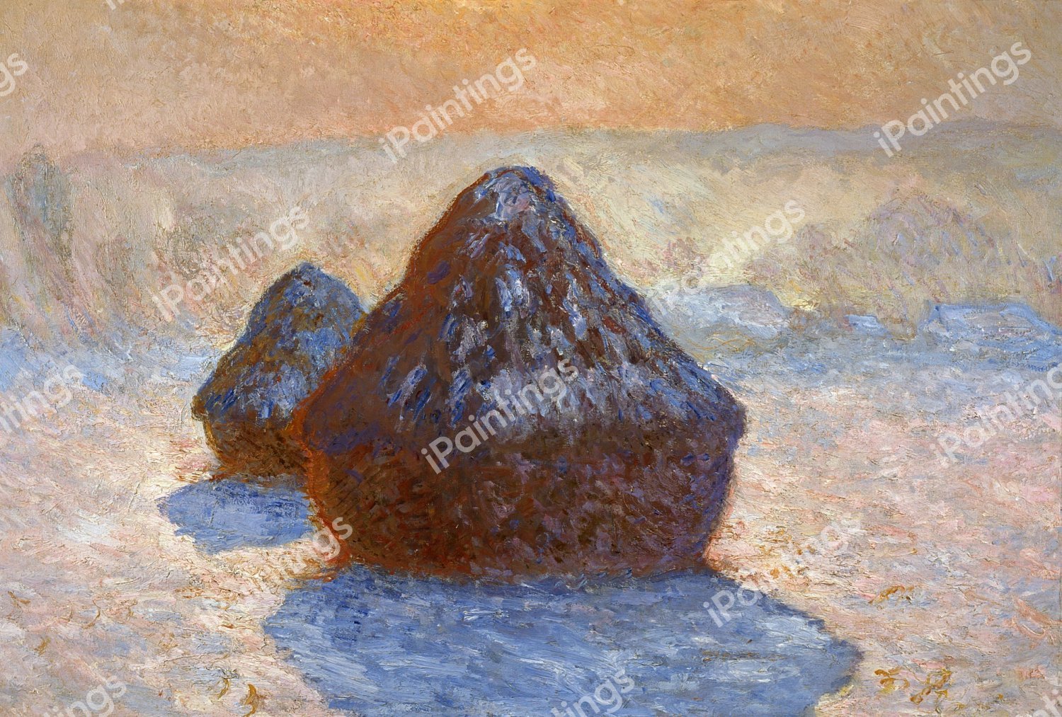 Grainstacks, White Frost Effect. The painting by Claude Monet
