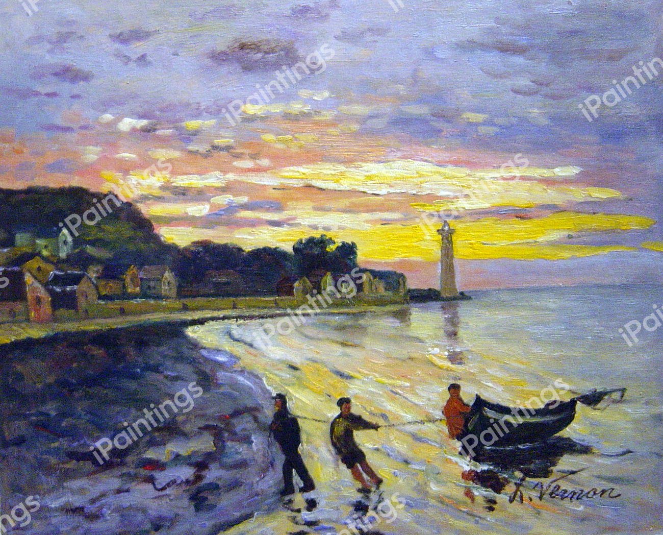 Hauling A Boat Ashore, Honfleur. The painting by Claude Monet