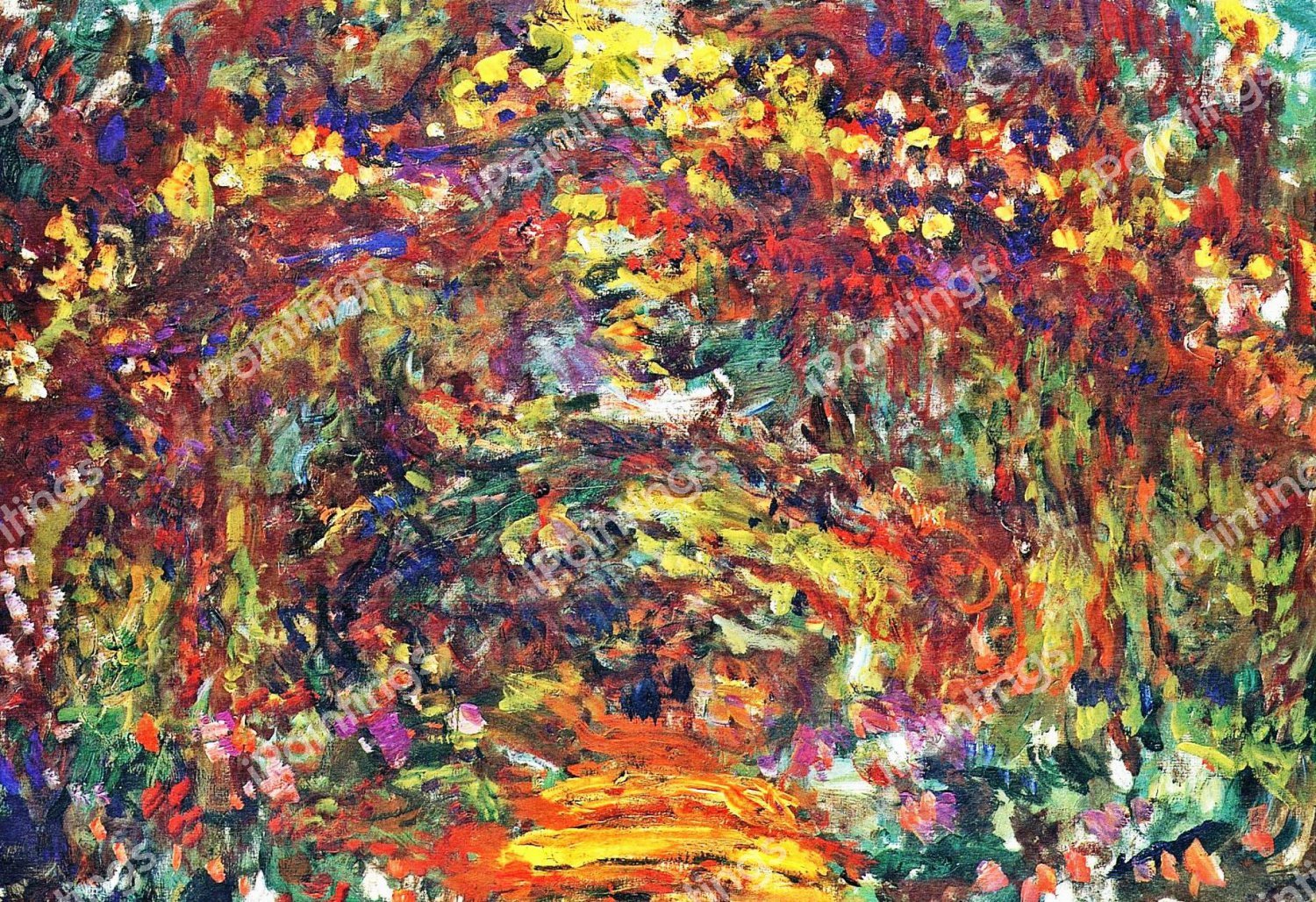 A Colorful Path under the Rose Trellises, Giverny. The painting by Claude Monet