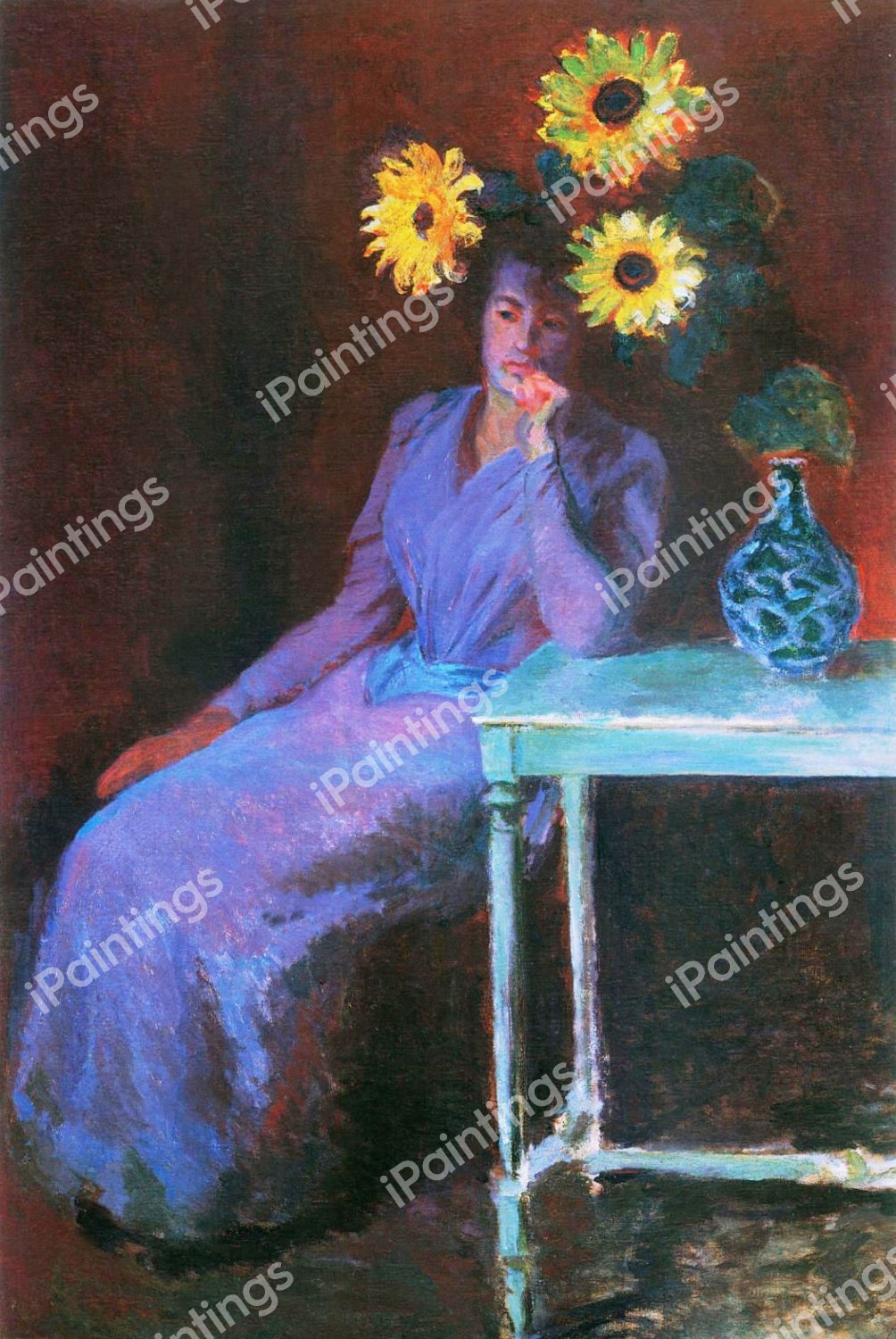 Portrait of Suzanne Hoschede with Sunflowers. The painting by Claude Monet