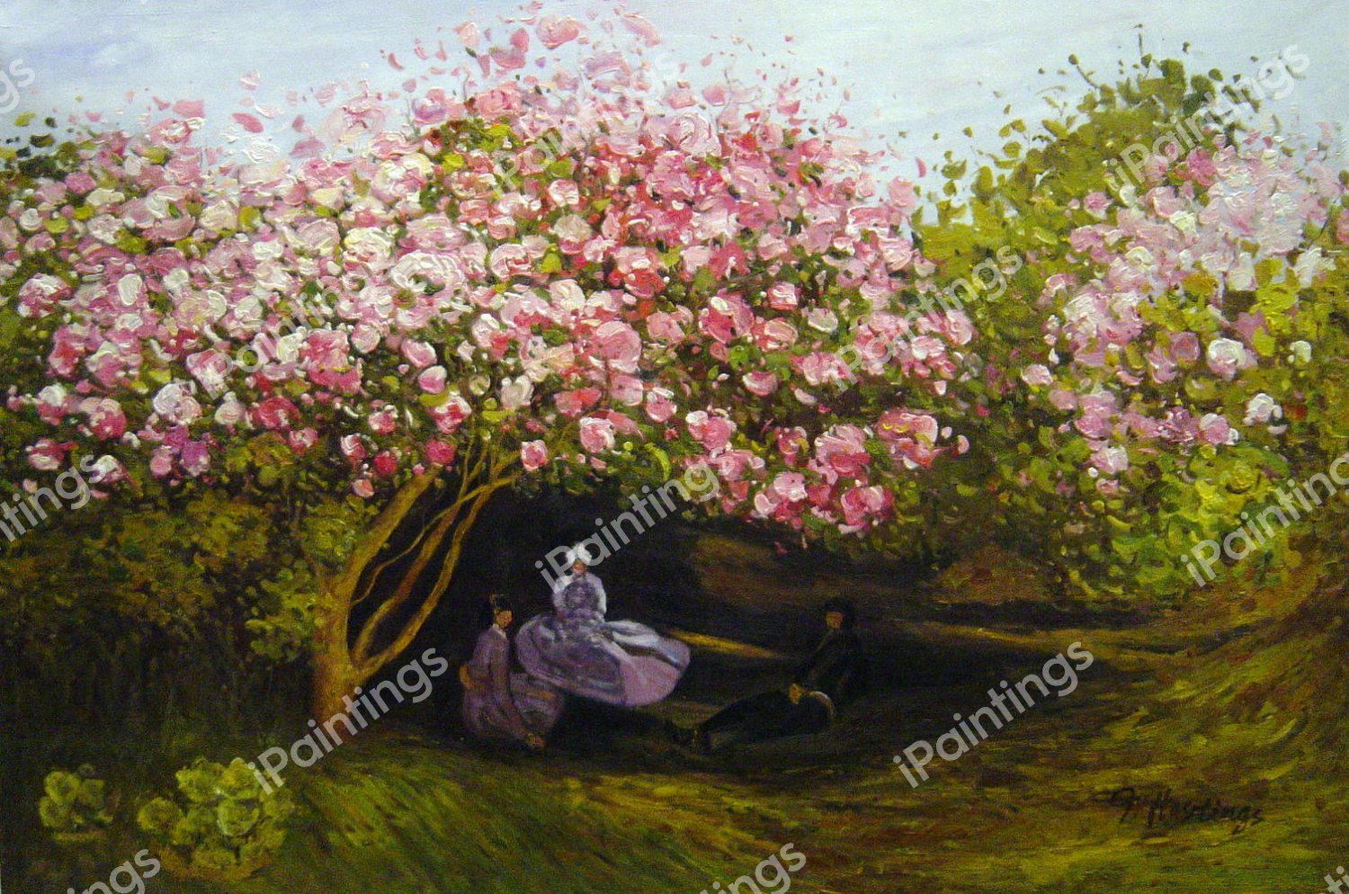 Resting Under The Lilacs. The painting by Claude Monet