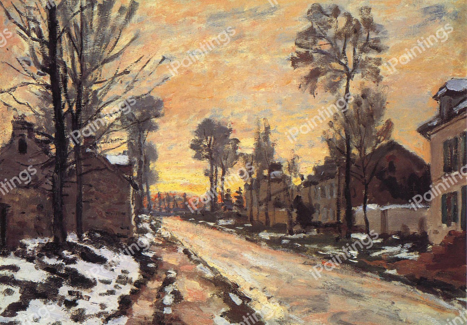 Road at Louveciennes, Melting Snow, Sunset. The painting by Claude Monet
