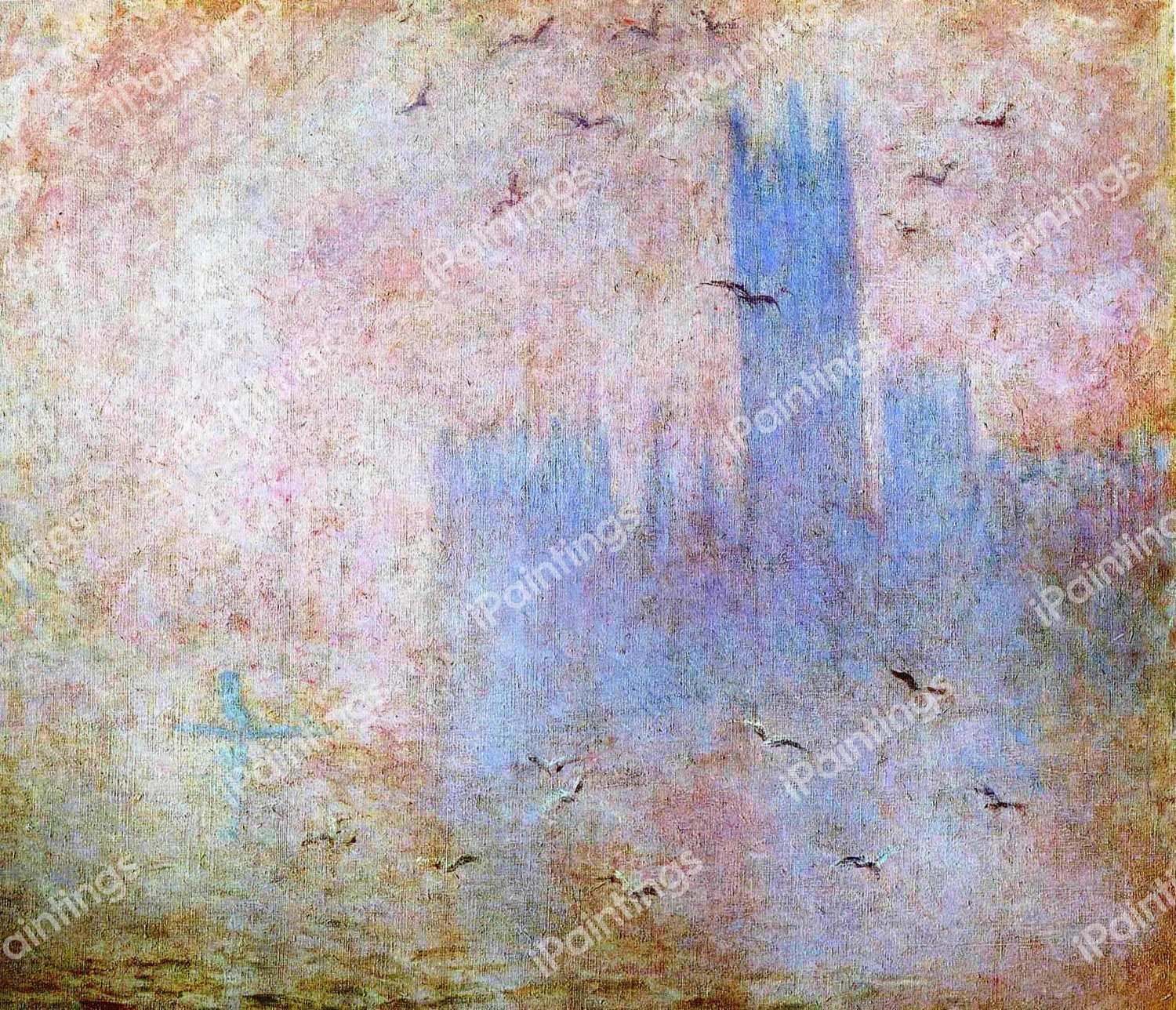 Seagulls over the Houses of Parliament. The painting by Claude Monet