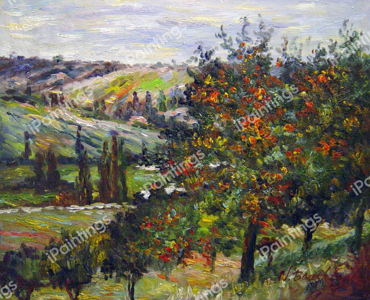 The Apple Trees Near Vetheuil. The painting by Claude Monet