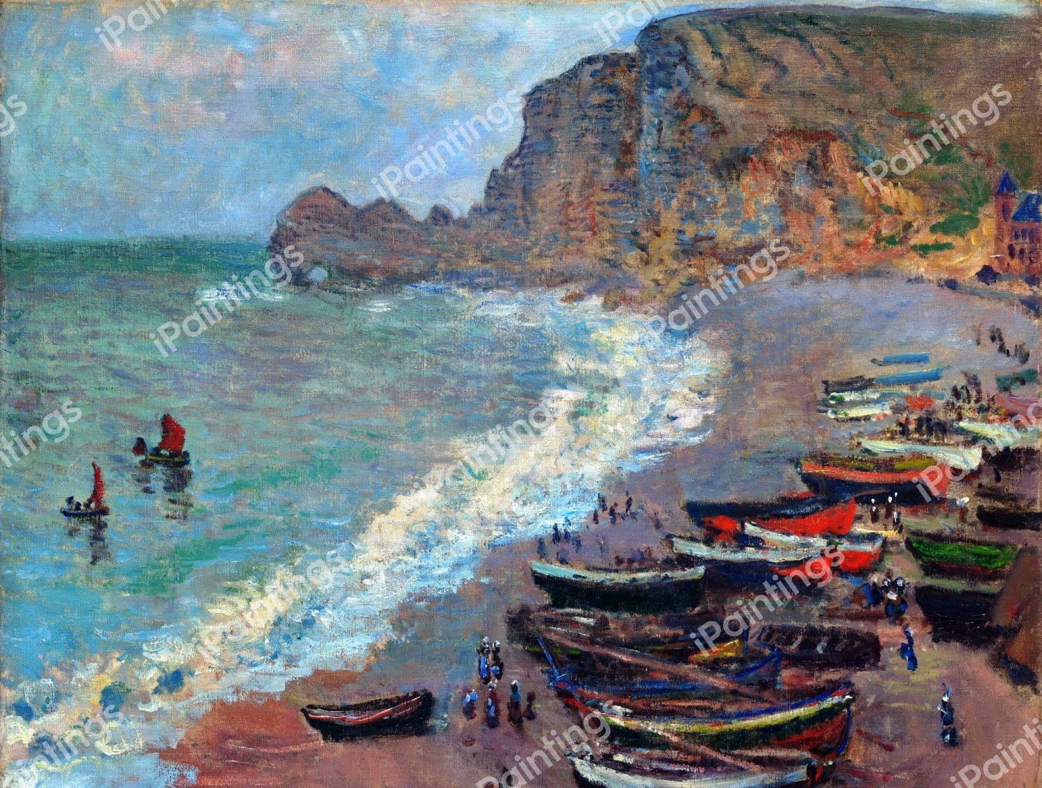 The Beach at Etretat. The painting by Claude Monet
