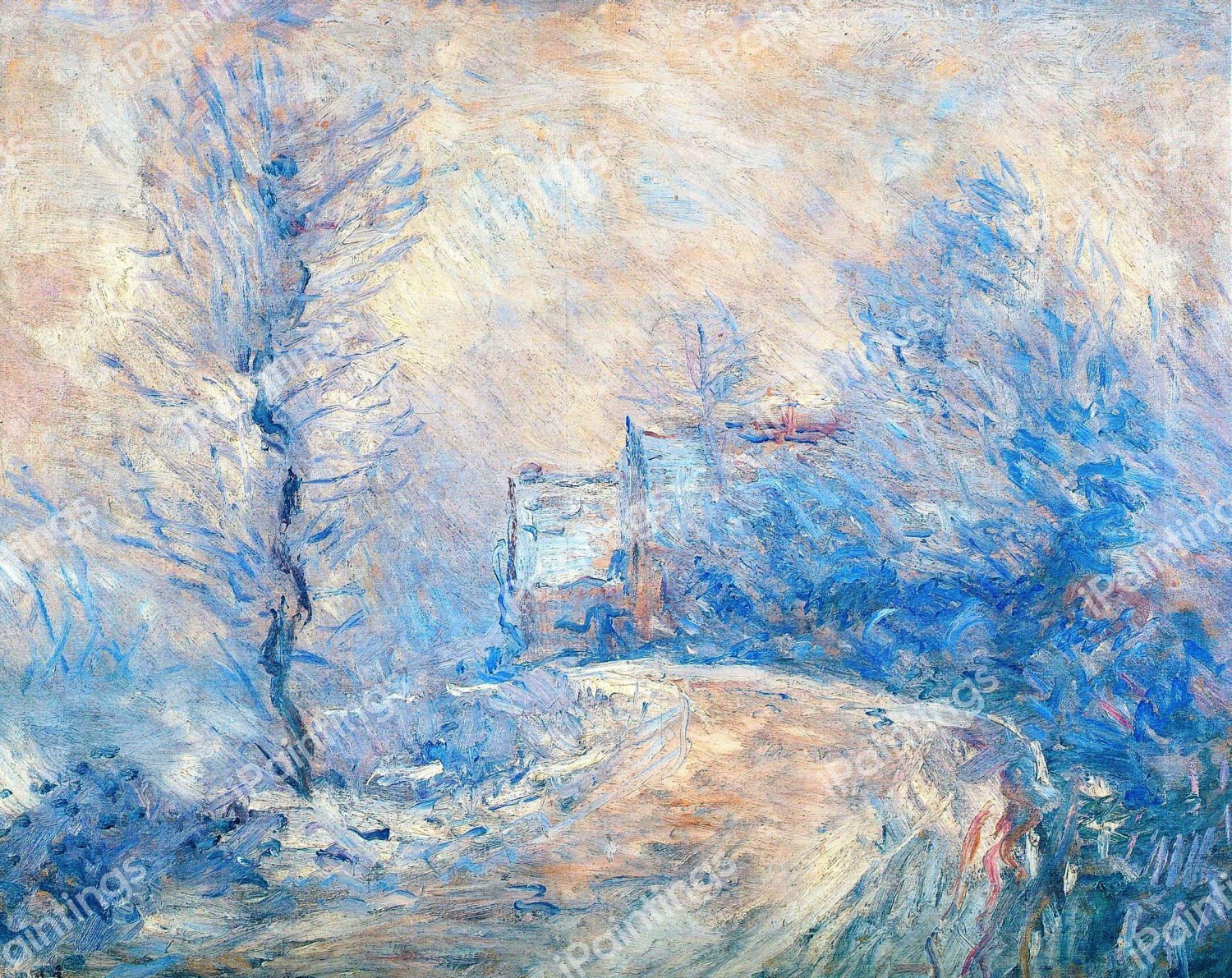 The Entrance to Giverny under the Snow. The painting by Claude Monet