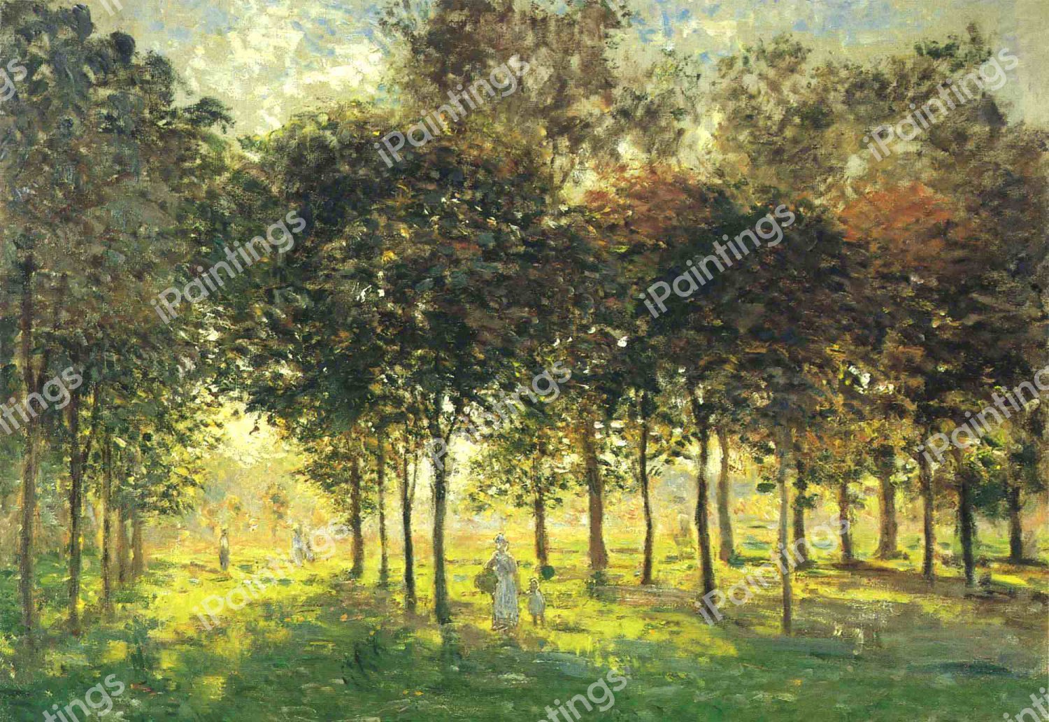 The Promenade at Argenteuil, Soleil Couchant. The painting by Claude Monet