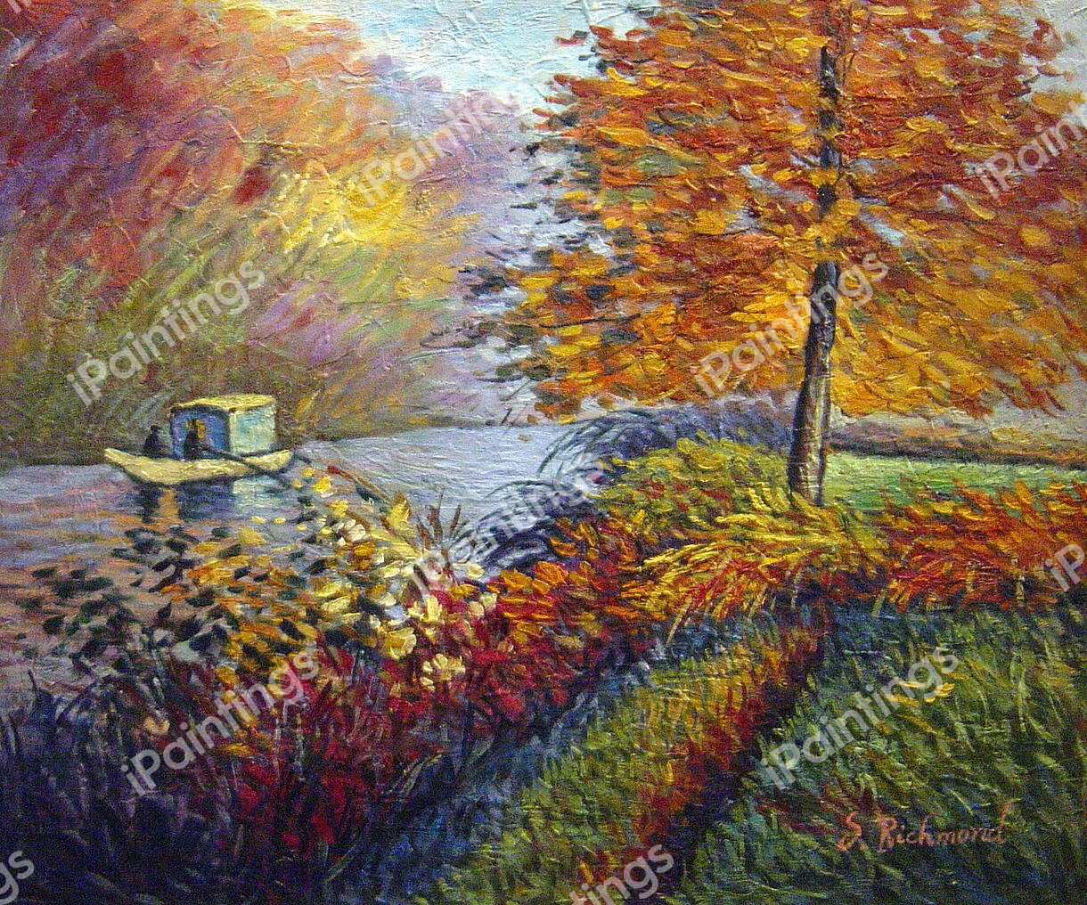 The Studio Boat With Landscape. The painting by Claude Monet